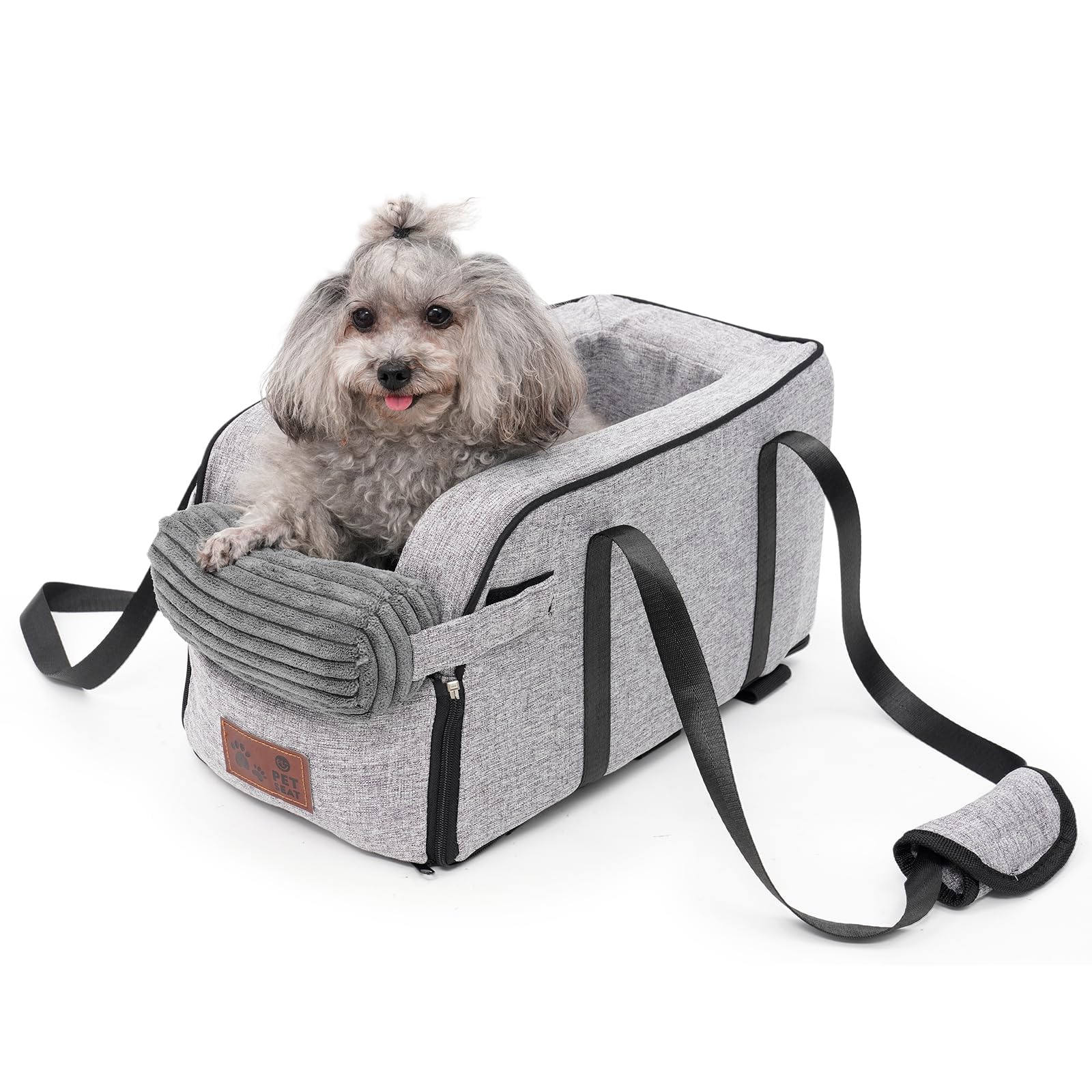 Consola Centro y Asiento para Coch, Cesta Portátil con Cinturón Seguridad y Almohada Lavables – Silla Cómoda para Mascota Pequeña