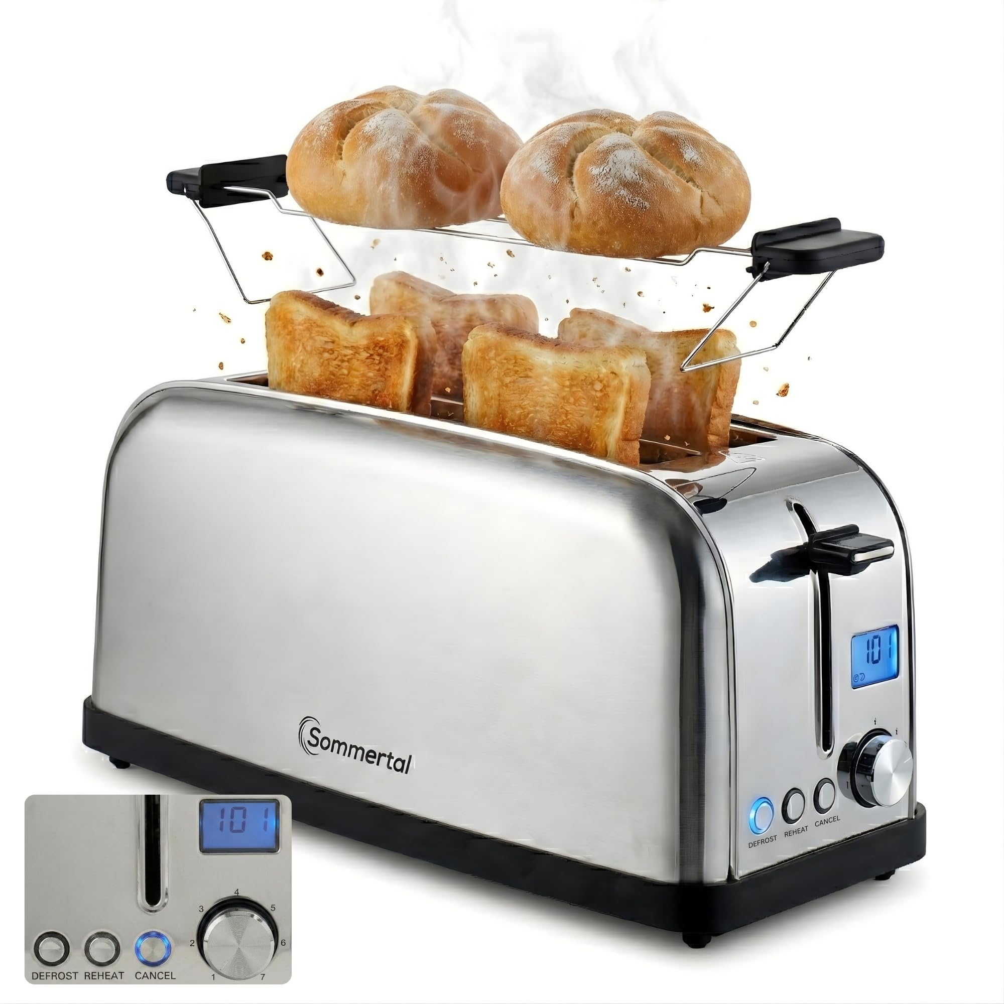 Sommertal ST1500 XXL - Tostadora de 4 rebanadas de acero inoxidable con accesorio para panecillos, pantalla digital con temporizador e indicador de funcionamiento residual, 1500 W, 7 niveles, función