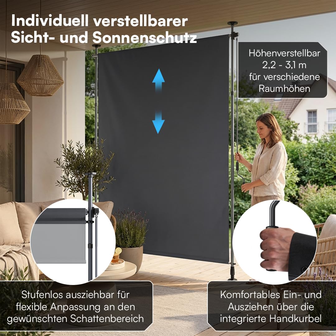 STEELSØN Serelia Senkrechtmarkise 120x310 cm – Vertikalmarkise außen Antharzit – Sichtschutz Balkon wetterfest – Klemmmarkise als Sonnenschutz & Windschutz – Balkonmarkise ohne Bohren – Outdoor-Rollo