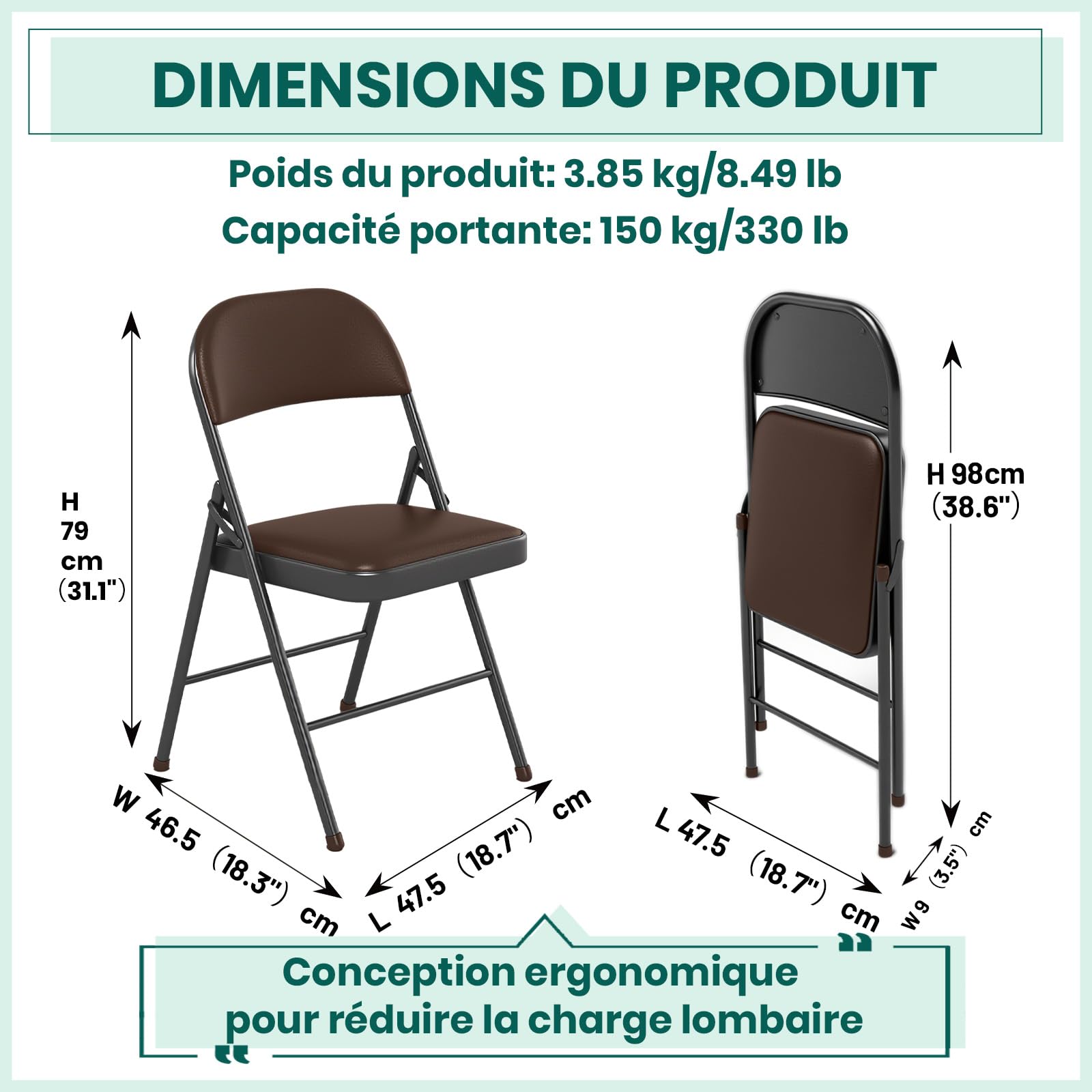 Chaise Pliante en Cuir PU Rembourrée, Cadre en Métal Solide, Légère et Compacte, pour Bureau, Maison, Événements (6, Marron)