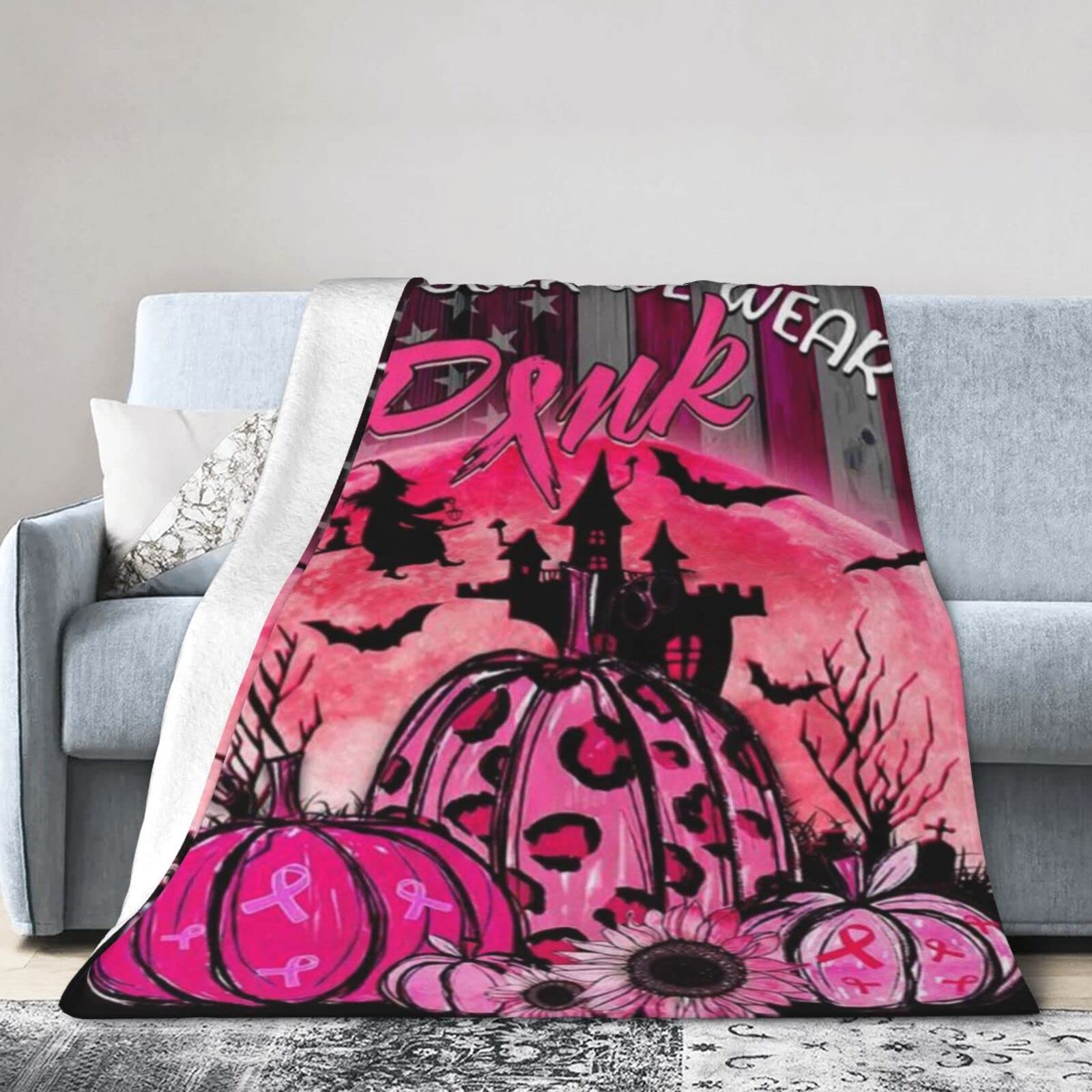 Lsjuee Flannel Fleece Blanket 50"X40" Pink Pumpkin Breast Cancer Awareness in October We Wear Pink Halloween Sofa Throw Blanket Lightweight Ultra-Soft Travel Winter Blankets for Kids Keep Warm