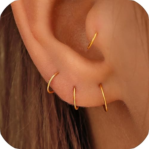 Miniatura 15 de Small Thin Hoop Earrings for Women,Tiny Huggie Hoop Rings for Cartilage,Helix,Targus,Conch,Nose,22g/24g/20g,14K Gold Filled/Sterling Silver/Rose