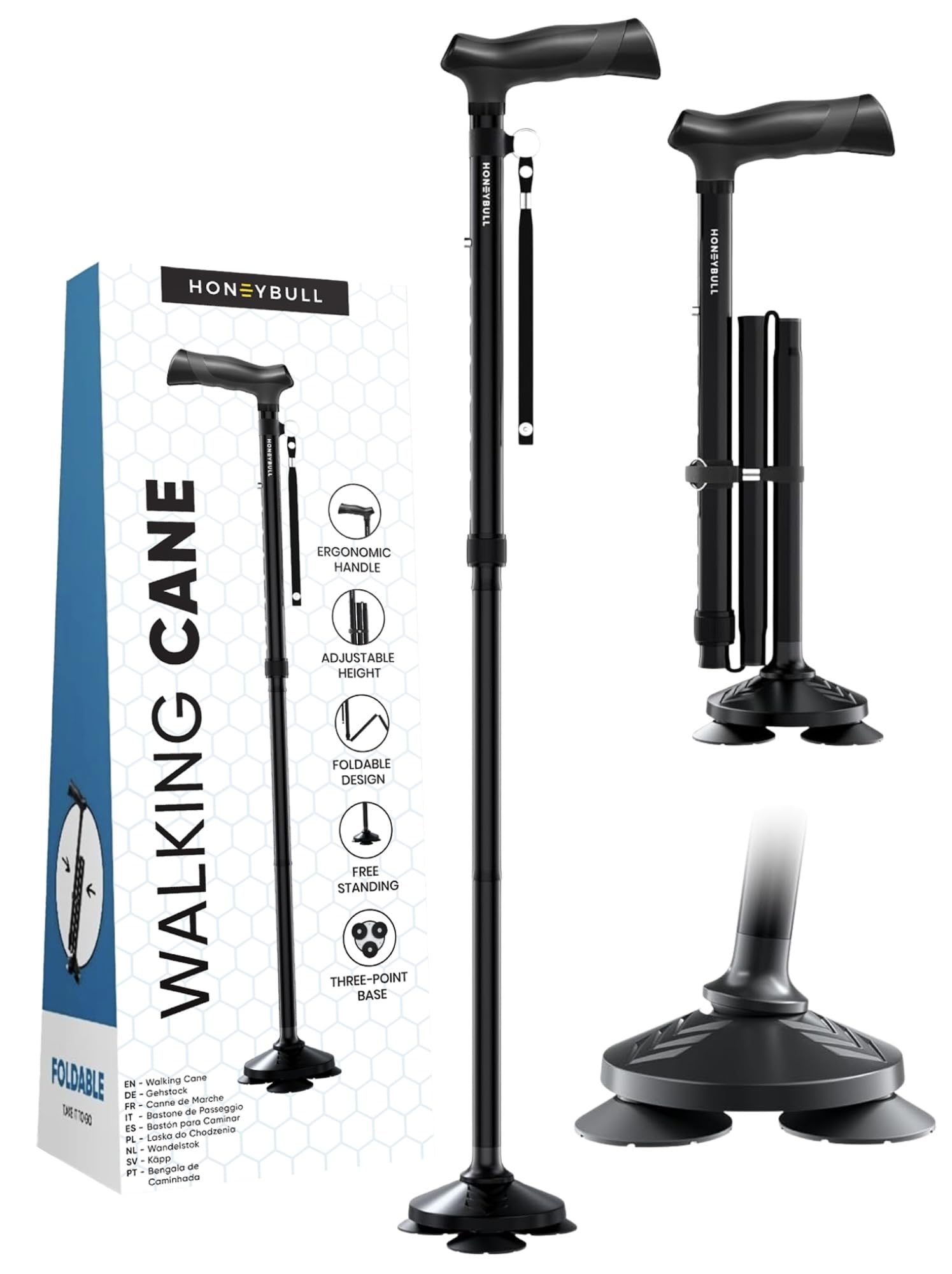 HONEYBULL Walking Cane for Men & Women - Foldable, Adjustable, Collapsible, Free Standing Cane, Pivot Tip, Heavy Duty, with Travel Bag | Walking Sticks, Folding Canes for Seniors & Adults
