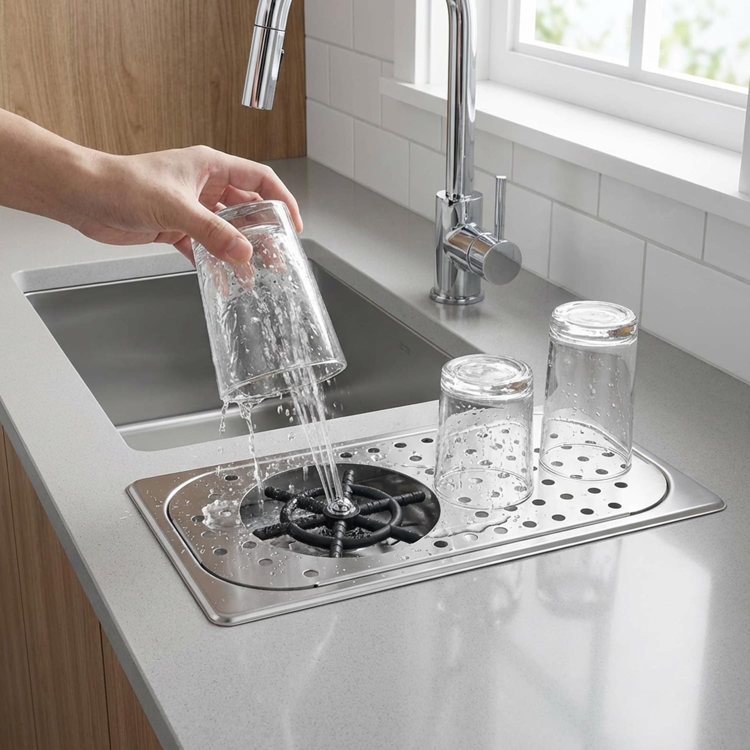 Fregadero de Barra con Enjuagador de Vidrio, Jarra de Acero Inoxidable Enjuagador de Taza Lavador de Vidrio Enjuagador de Limpieza de Vidrio Lavado a Alta Presión con Bandeja de (Acero Inoxidable