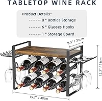 Vista 7 de Wine Rack with Glass Holder, Countertop Wine Rack Metal Frame, Wine Holder Stand with Wooden Tray, Bottles Rack for Home Decor Kitchen Storage