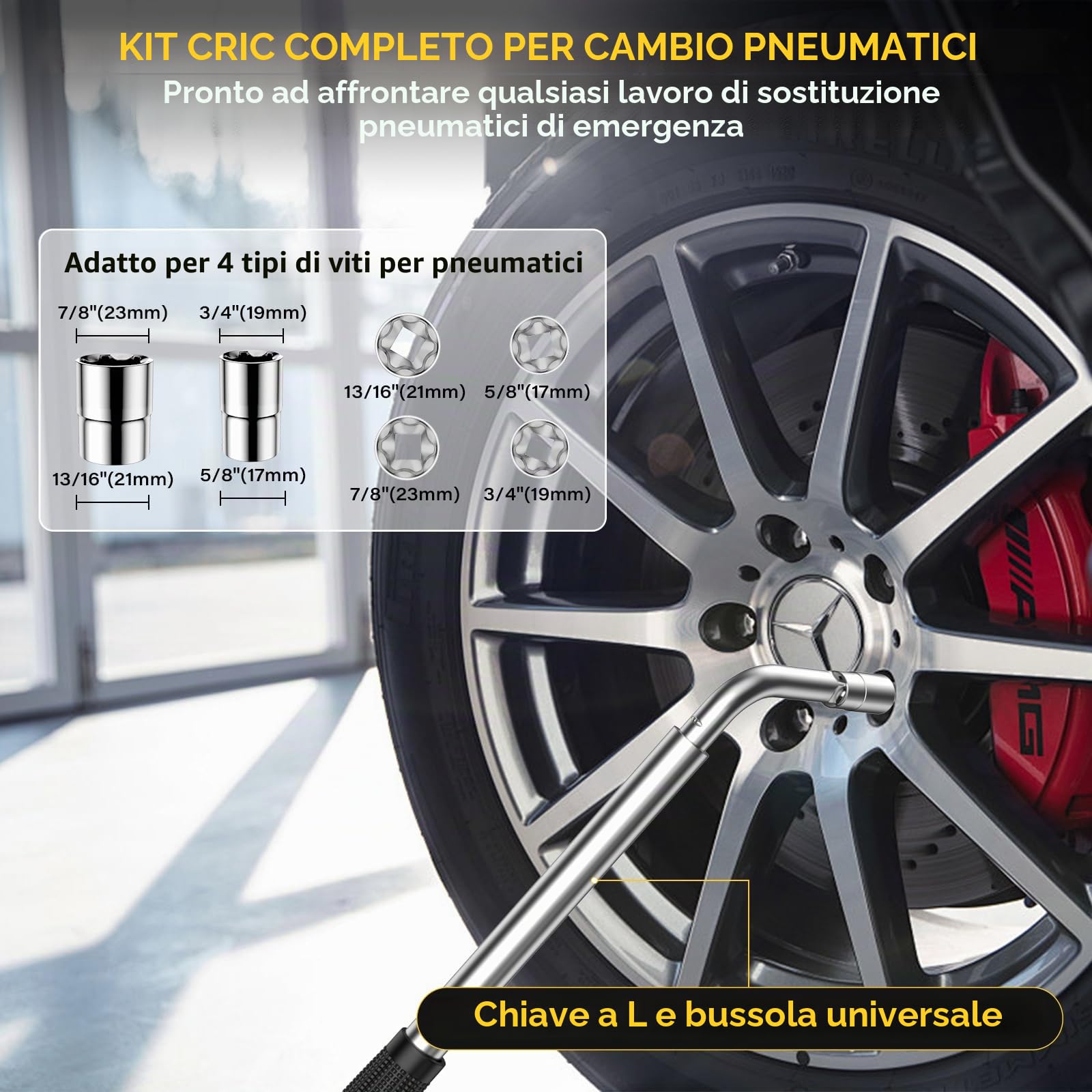 IMAYCC Cric Per Auto Universale 2.5T/2500kg, Cric Auto Per Mercedes Benz Serie Con Tampone In Gomma,Cric Portatile Auto Con Chiave Per Dadi Ruota, Kit Emergenza Auto Per Auto Mercedes-Benz SUV MPV