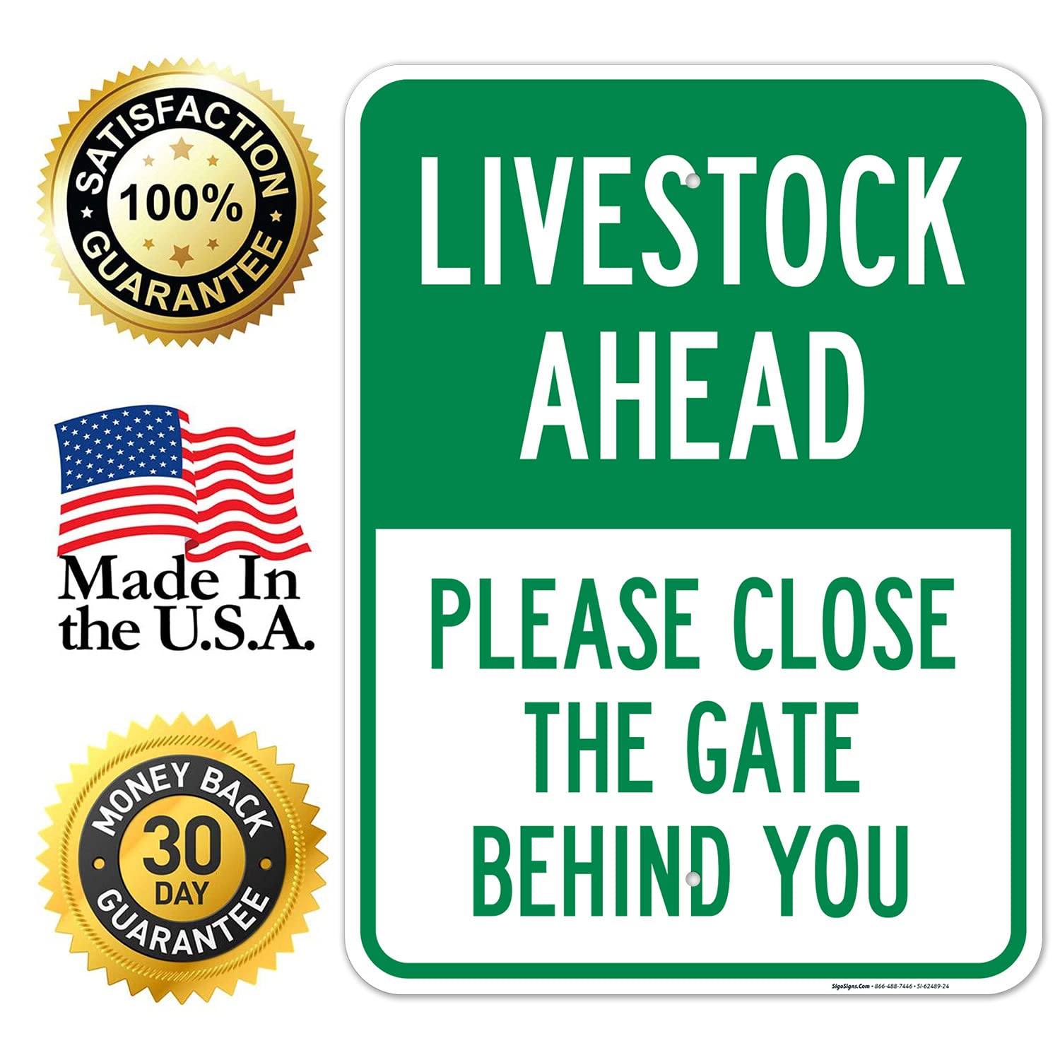 Livestock Ahead Please Close The Gate Behind You Sign, 18x24 Inches, Rust Free .063 Aluminum, Fade Resistant, Made in USA
