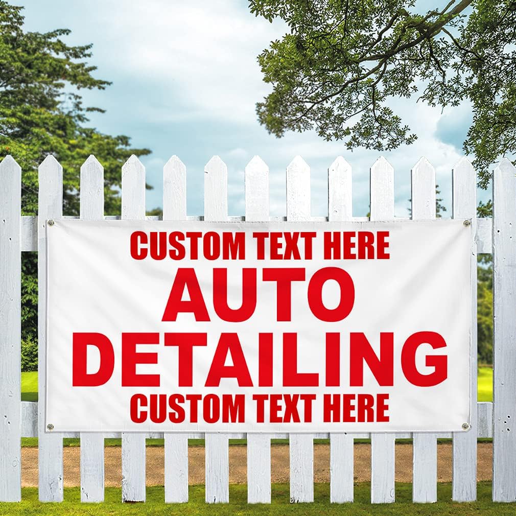 Custom Vinyl Banner Multiple Sizes Auto Detailing Red Auto Car Repair Shop Auto Repairs Outdoor Weatherproof Industrial Yard Signs 4 Grommets Personalized Text Here 24x48Inches