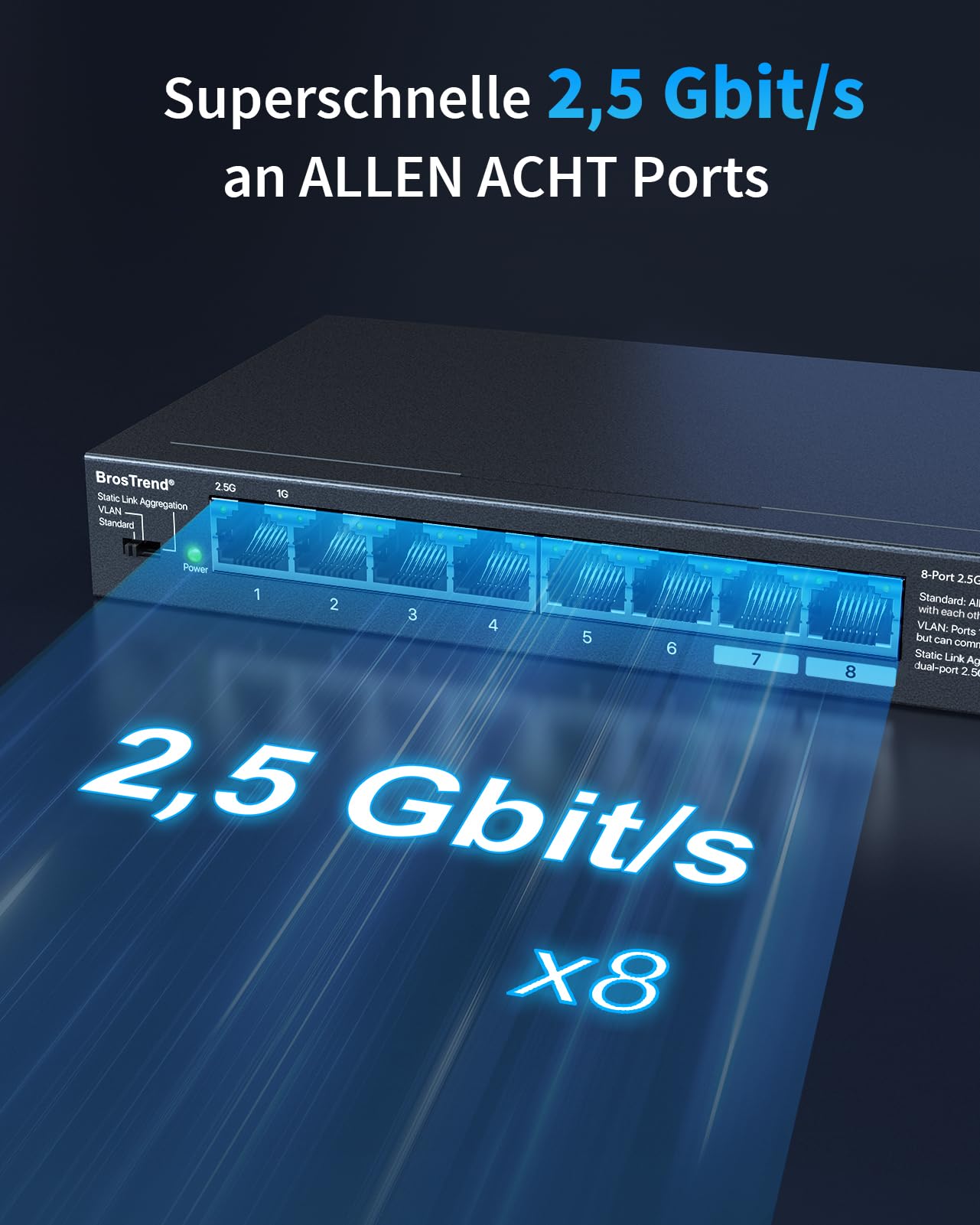 BrosTrend 8X 2.5-Gigabit Netzwerk Switch (Statische Link-Aggregation, VLAN) | Lifetime-Schutz Unmanaged 8 Port 2.5 Gbit LAN Switch für Gaming PC, NAS Server, Lüfterlos, Plug & Play, Ethernet LAN Splitter