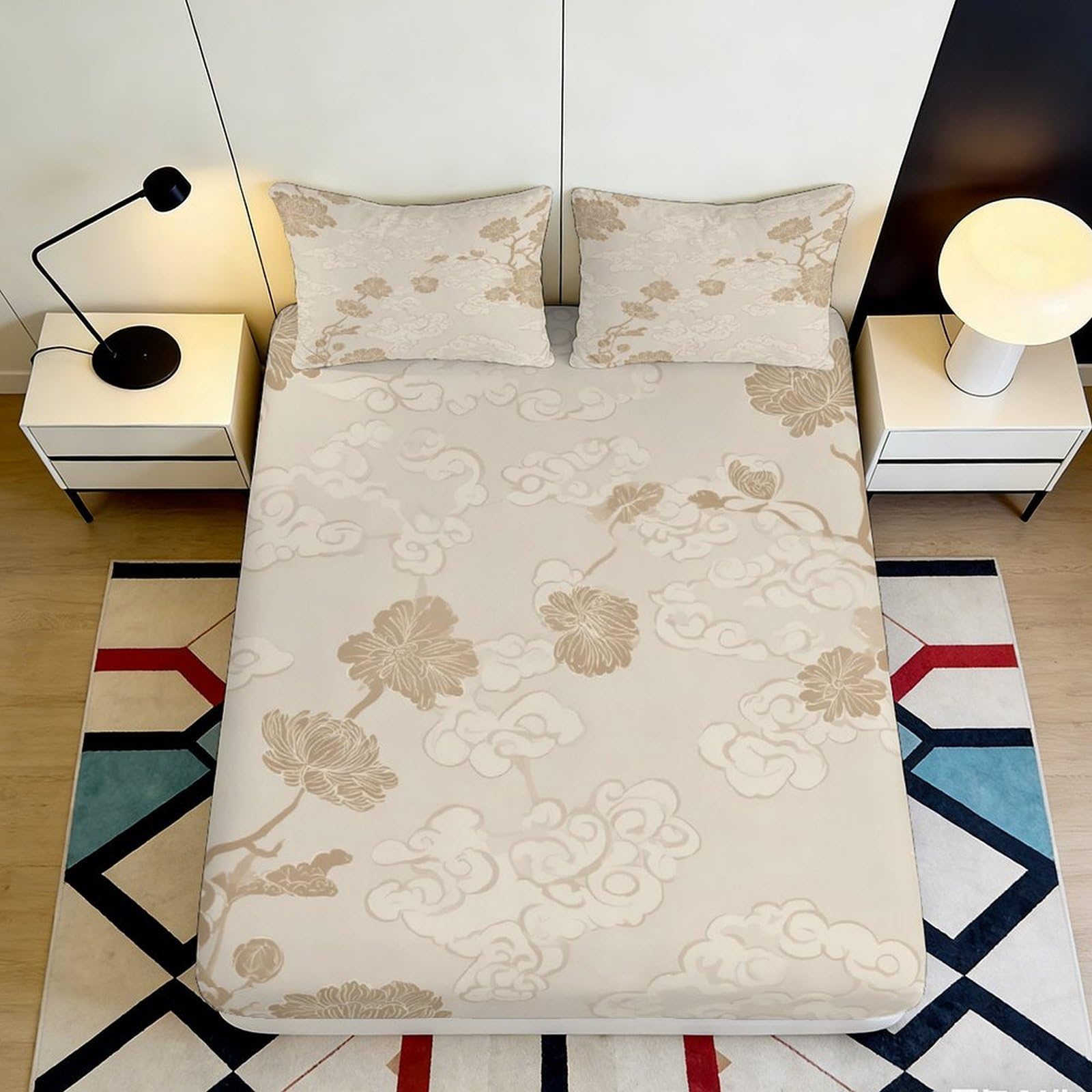 Pnayamiorkfel Style-9 3D Printed Beige Floral Cloud Fitted Sheet Microfiber Soft Decorative Mattress Cover For Bedroom Guestroom Easy Care 90X200x25cm