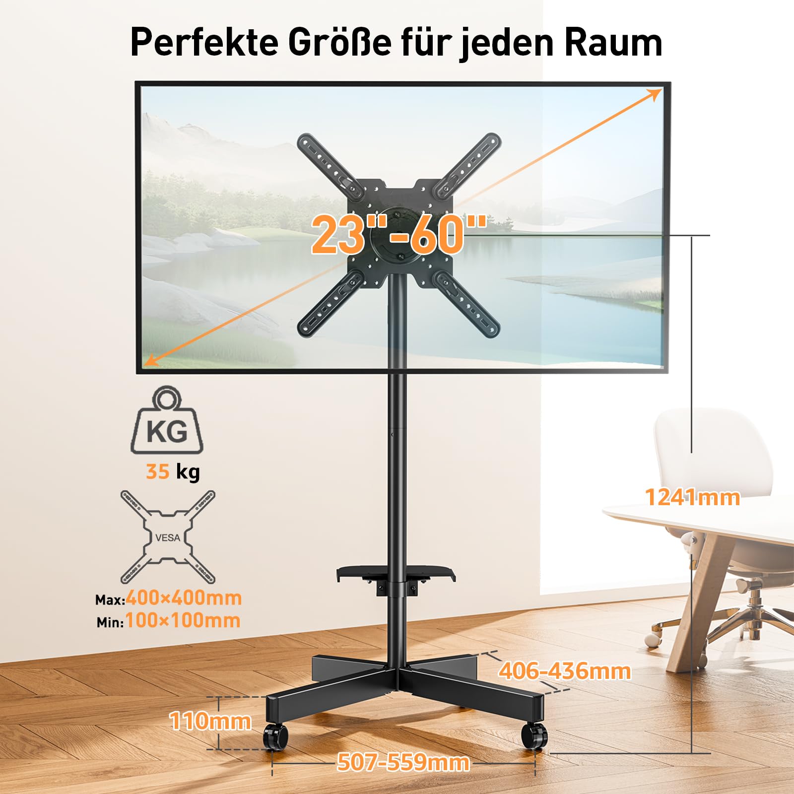 ELIVED TV Ständer Rollbar für 23-60'' TVs bis zu 35kg Max VESA 400x400mm | TV Standfuss mit Rollen Höhenverstellbar 90° Drehung Bodenständer EV2114B