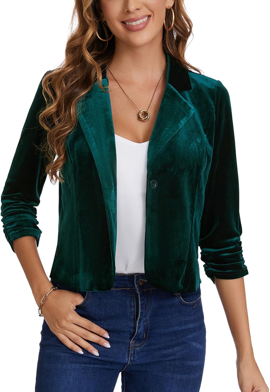 MINTLIMIT Velvet Blazer 3/4 Ruched Sleeve Notched Lapel Button Front Casual Work Office Blazer Jackets