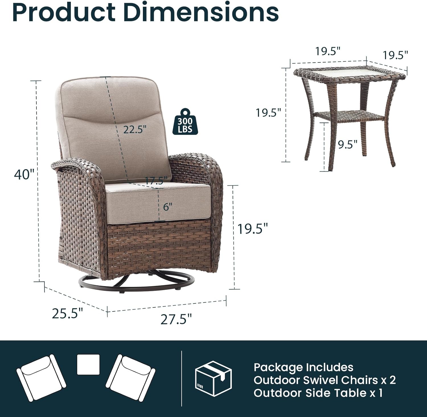 Luxury 6-Inch Cushion Outdoor Swivel Rocker Patio Chairs with Side Table, High Back Wicker Patio Furniture Set for Deck Porch Garden Balcony and Poolside Beige Cushion