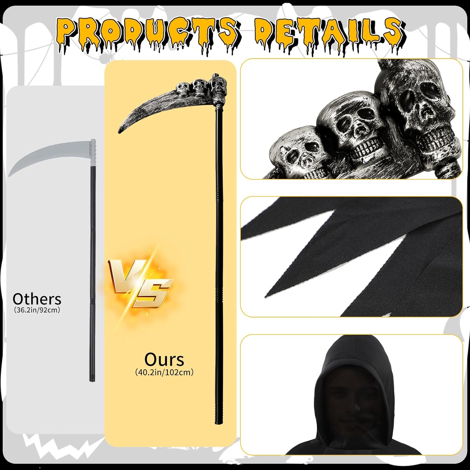 Halloween Grim Reaper Costume for Adult Men Scary Reaper Costume with Skeleton Scythe Gloves Candy Bag Halloween Horror Death Cosplay Outfits - Image 3