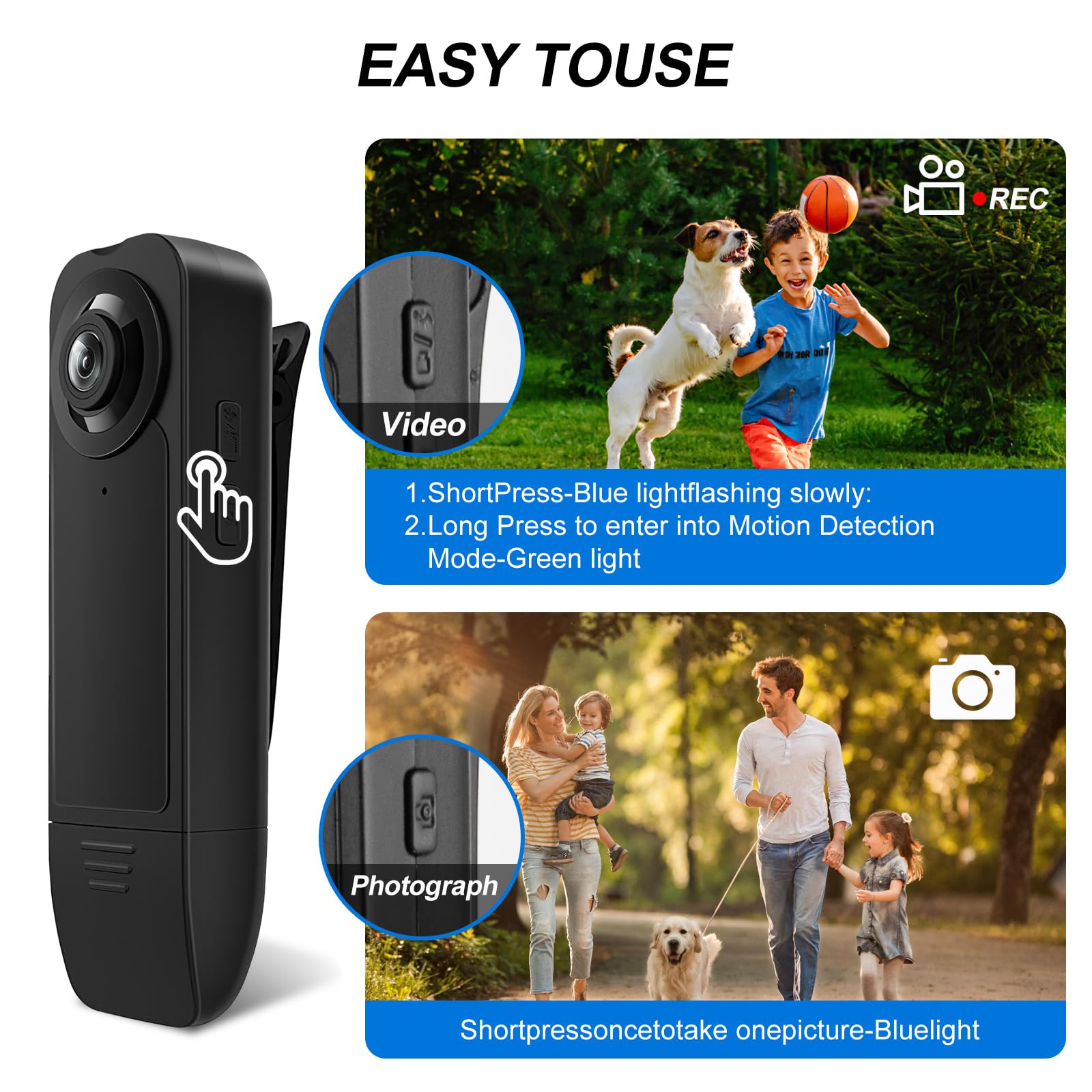 Minicámara corporal con grabación de audio y vídeo con tarjeta de memoria de 64 GB, 1080P HD, gran angular con clip posterior, detección de movimiento de visión nocturna para grabación diaria/servicio