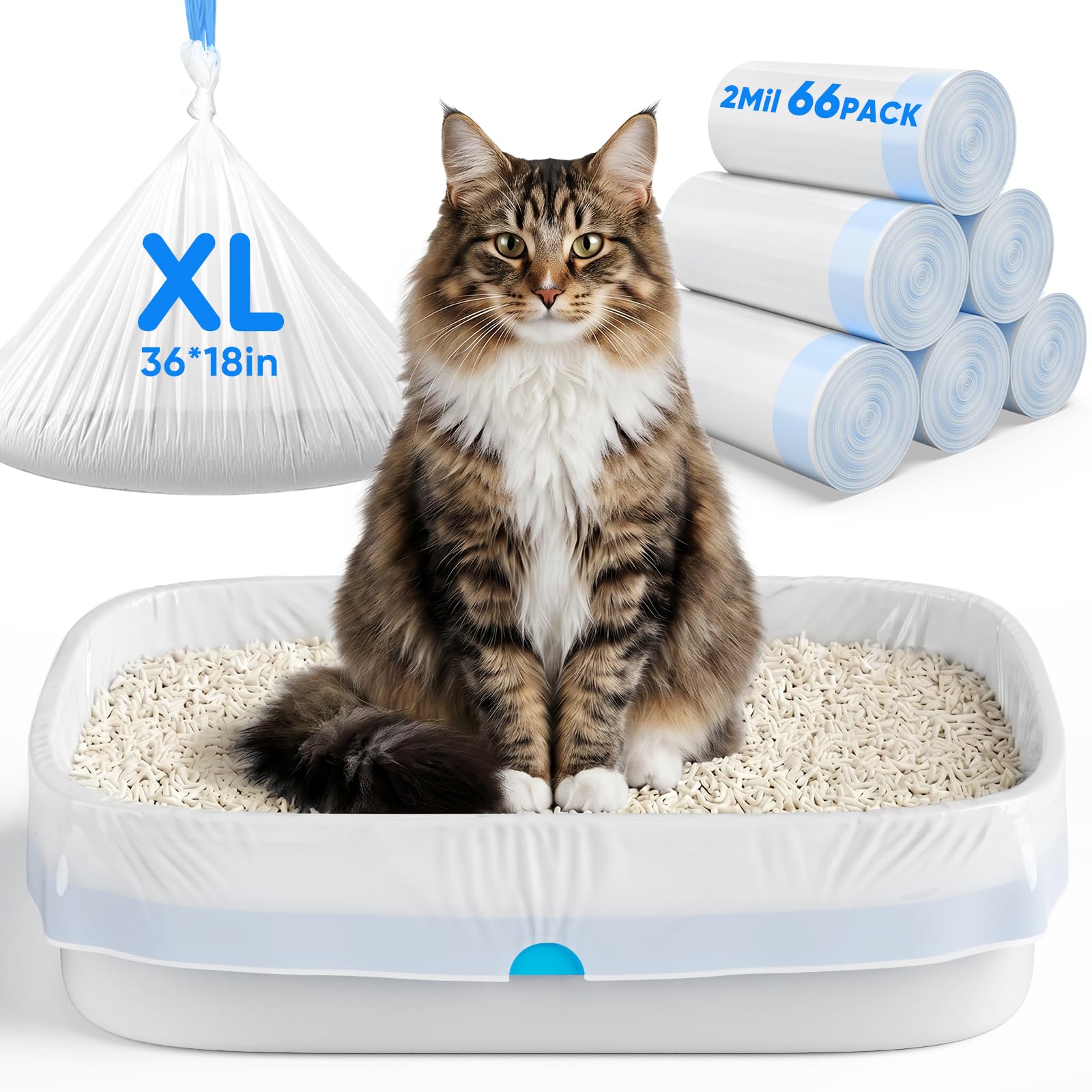 Jumbo-Katzentoiletteneinlagen, 91,4 x 45,7 cm, 2 mm, vorgetrennte Katzentoilettenbeutel mit robustem Kordelzug, extra dick, auslaufsicher, für Katzentoiletten, 66 Stück