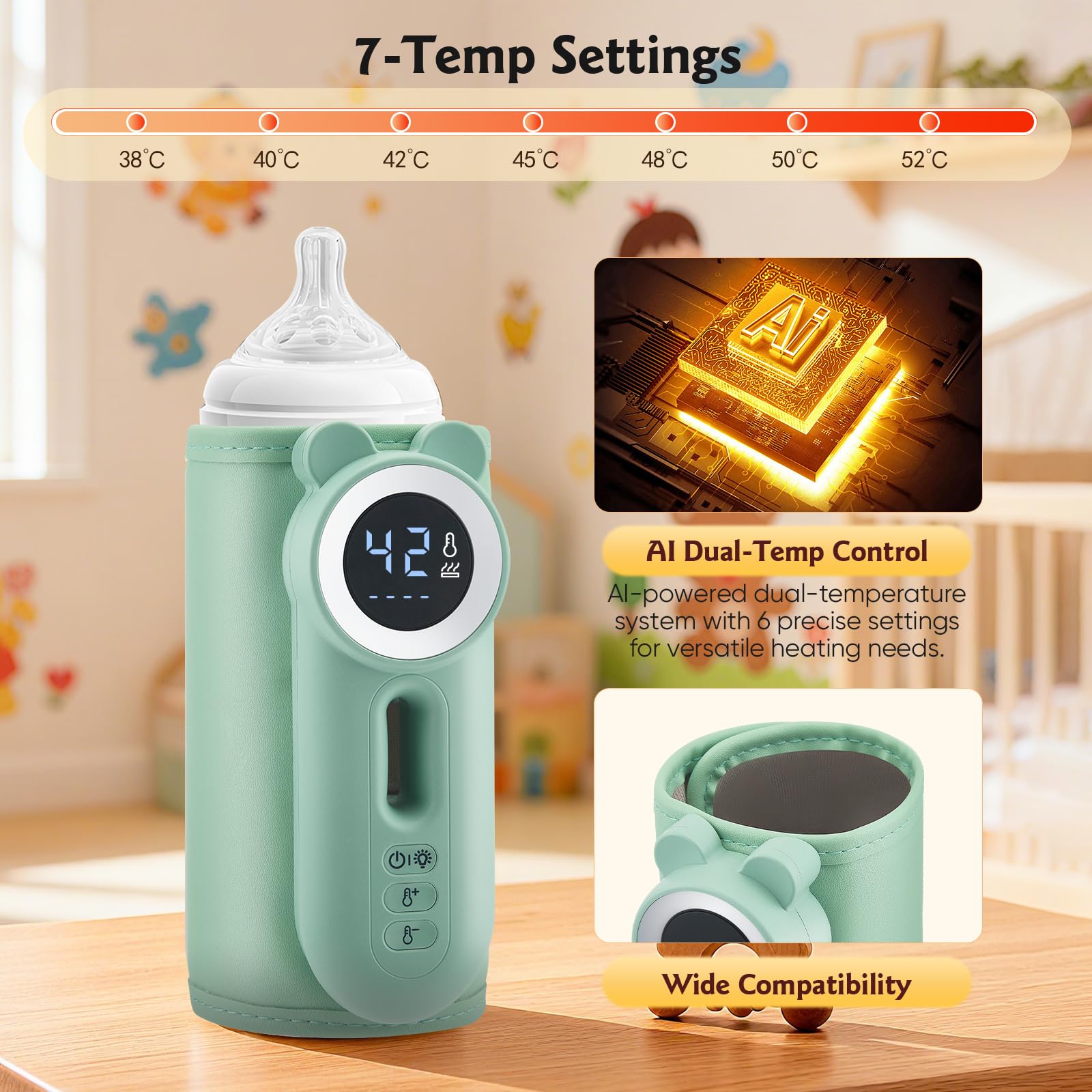 Scaldabiberon portatile in viaggio, controllo della temperatura a 11 livelli e display LED, riscaldamento rapido senza acqua, batteria da 10400 mAh, con luce notturna per viaggi e casa (verde)