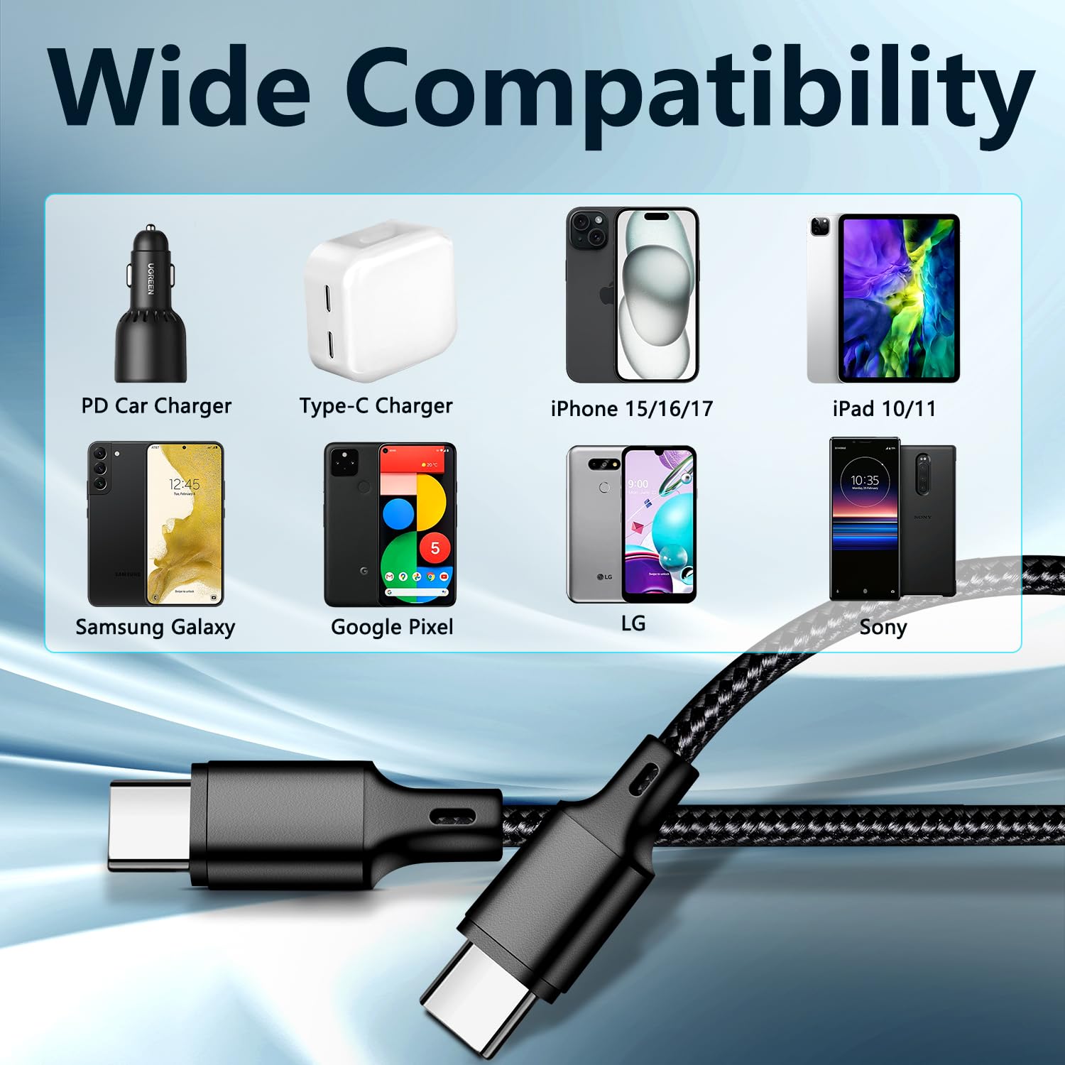 cugunu Cavo di ricarica da USB C a USB C, confezione da 5 pezzi, 3/3 6/6/3 m, cavo di ricarica rapida Pd tipo C, cavo di trasferimento dati e trasferimento dati compatibile per iPhone