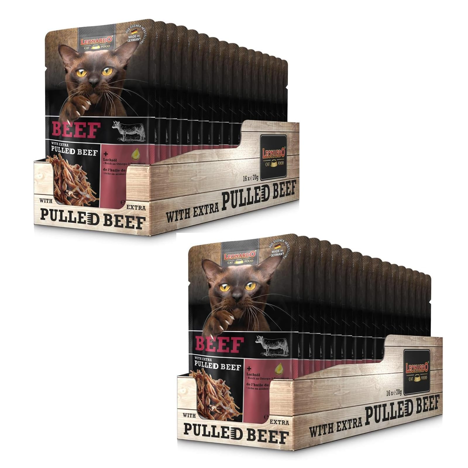 Leonardo Beef mit extra Pulled Beef Katzenfutter, 2 x 16 x 70 g | Doppelpack, Alleinfuttermittel für ausgewachsene Katzen, Einzelportionen im Beutel, Mit saftigem Fleisch