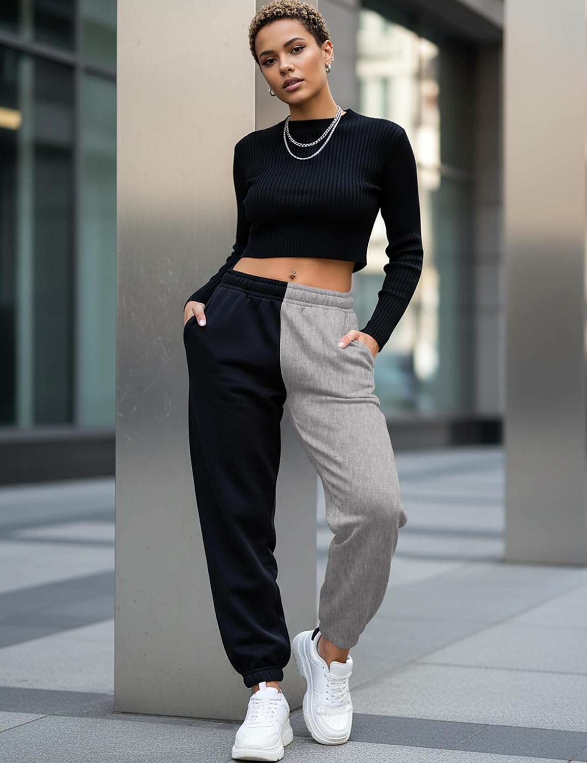 Meladyan Women's Elastic High Waist Joggers Baggy Pants Color Block Sweatpants with Pocketsc - Image 5