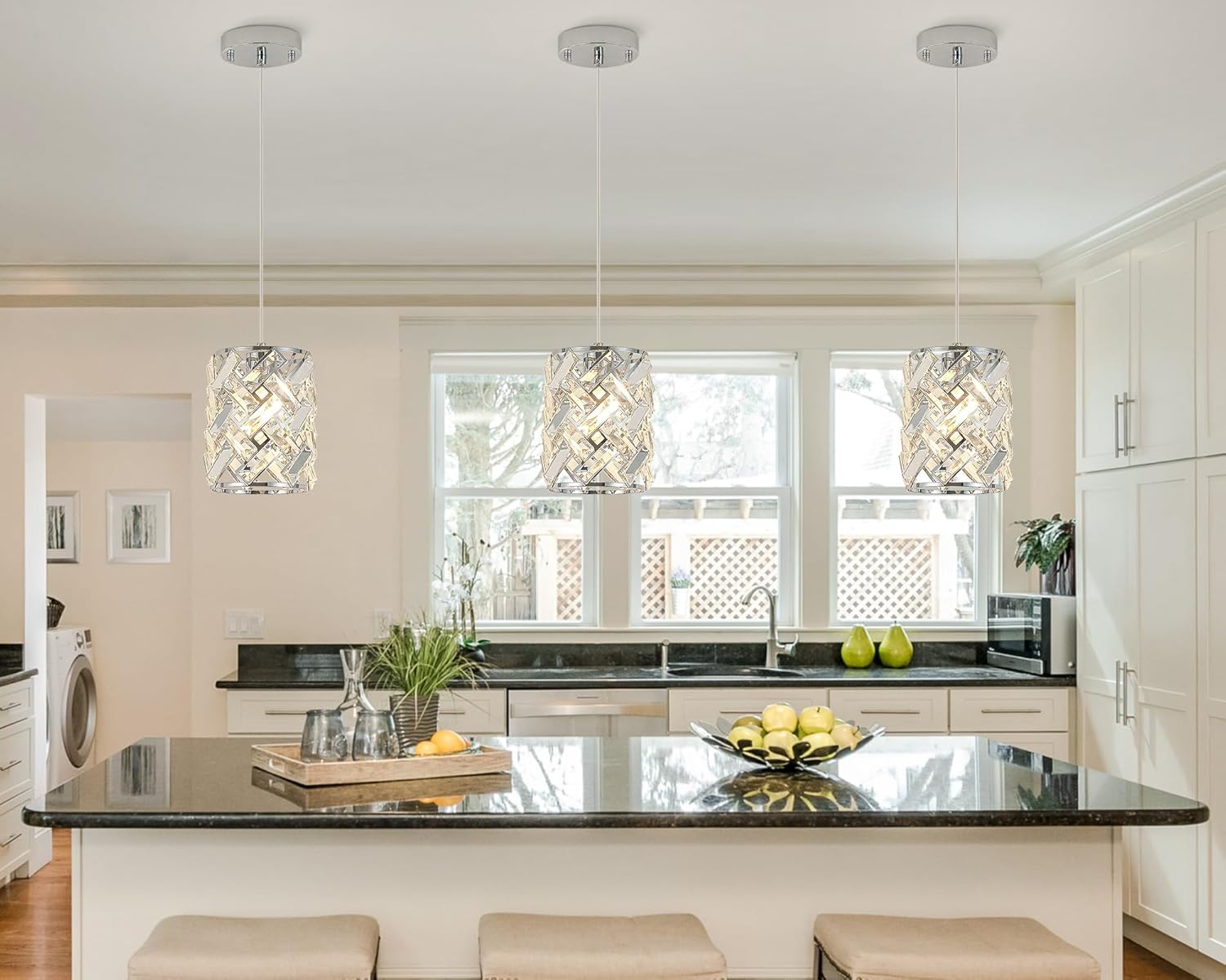 2 Pack Crystal Pendant Lights, Modern Chrome Finish with Adjustable Cord, Pendant Light for Kitchen Island, Dining Room, Living Room, Hallway, Bedroom