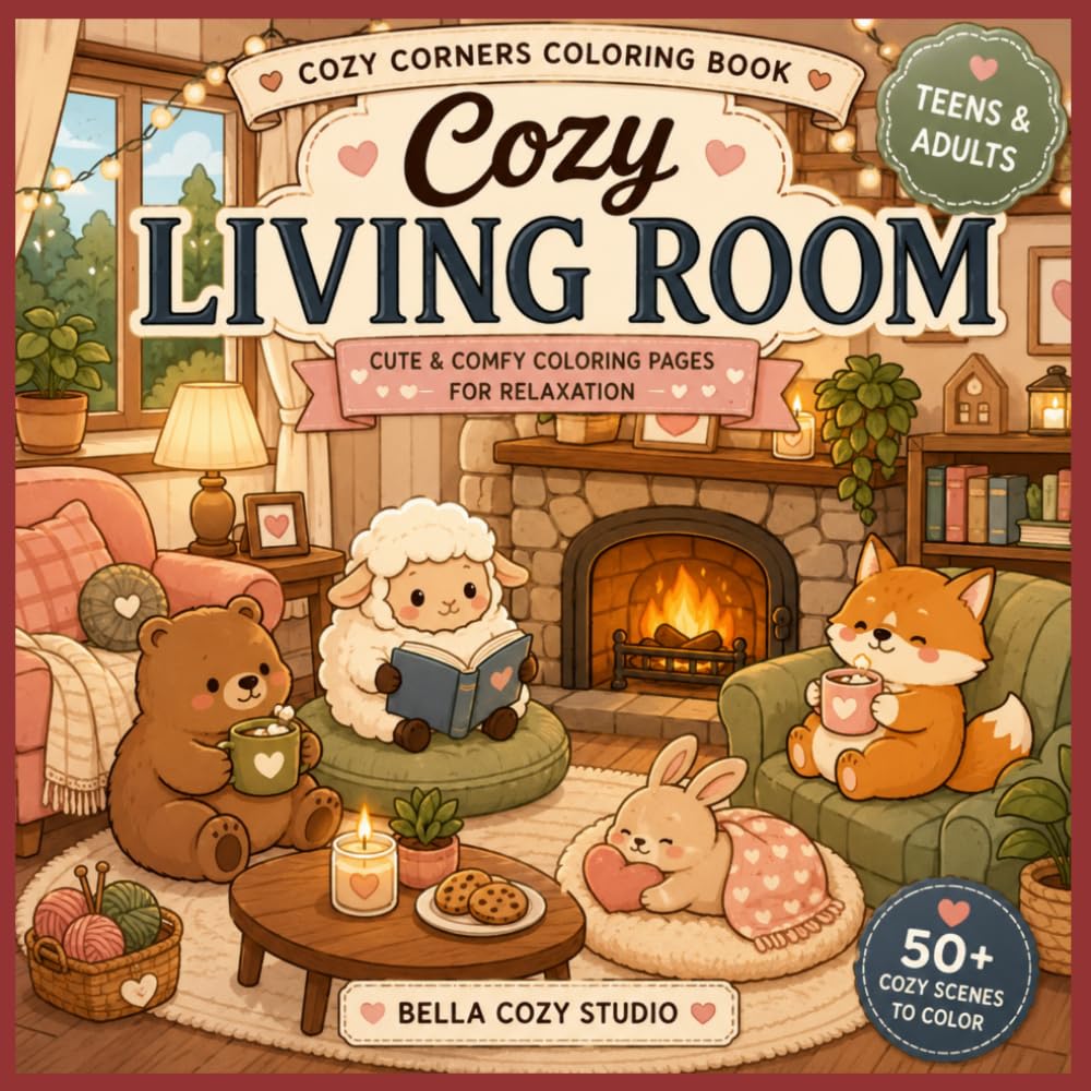 Collection Cozy Corners Coloring Book. Livro: Cozy Living Room: Cozy Living Room: A Cute & Relaxing Coloring Adventure Filled with Warmth, Comfort, and Everyday Cozy Moments.