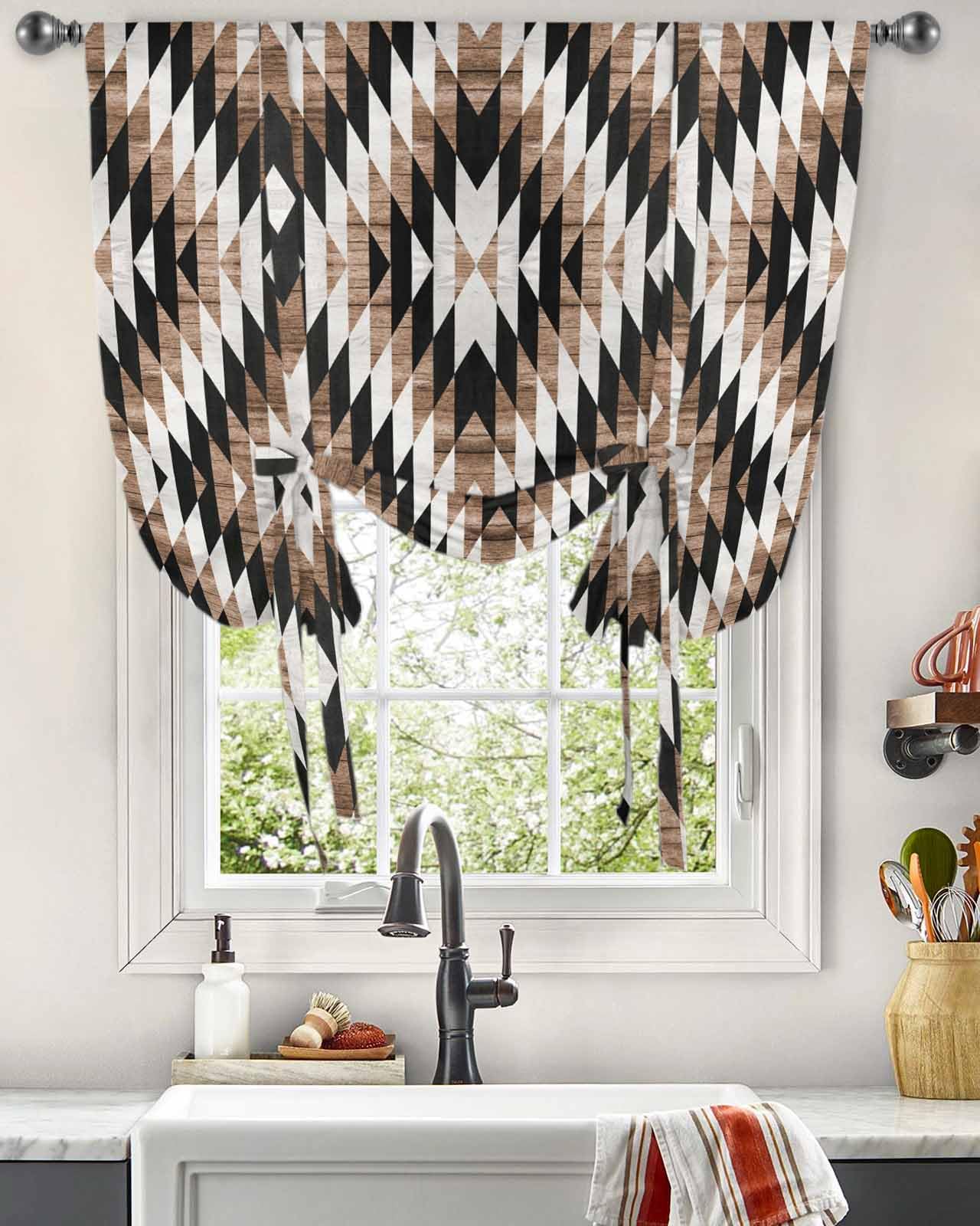 Brown Aztecs Tie Up Curtains for Windows 63 Inch Length Balloon Curtains Kitchen Adjustable Balloon Window Shade Abstract Southwest Geometric Vintage Tribal Tie Up Bathroom Curtain Window 52