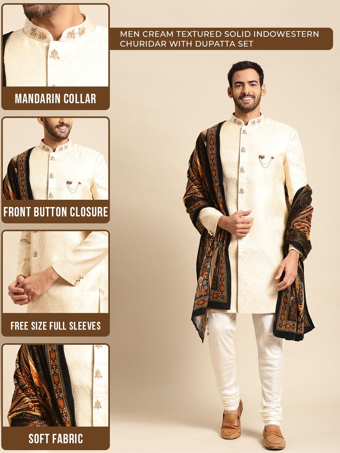 Kisah Sherwani Set With Dupatta For Men  Textured Silk Blend Jacquard Sherwani, Churidar & Dupatta | Traditional Indian Outfit For Weddings, Receptions & Festivals, White, 42