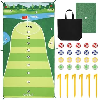 Caffney Golf Chipping Game Mat with 20 Golf Balls Portable Golf Training Mat Casual Golf Game Mat Set Fun Golf Practice Game with 6 Ground Stakes Thick Golf Hitting Mat Storage Bag for Indoor Outdoor