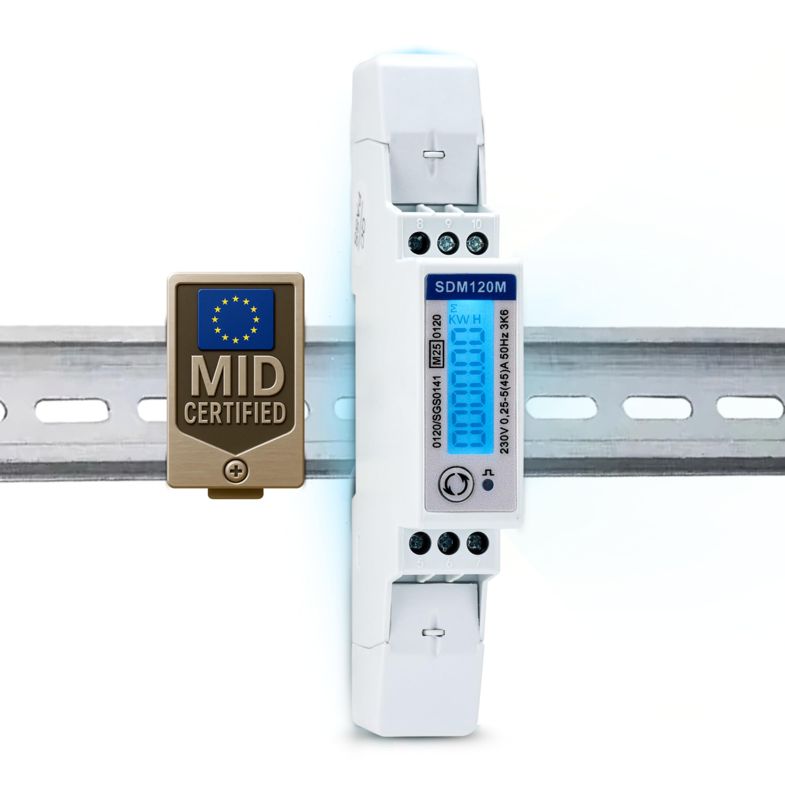 Eastron SDM120 Modbus Rail DIN 45 Amp kWh Pulse Modbus RS485 RTU Digital Backlit LCD Display MID/Calibrated