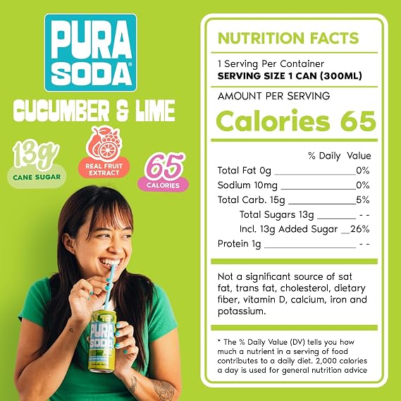 PuraSoda Cucumber & Lime - 12g Pure Cane Sugar Soda, 10 Fl Oz, Pack of 24