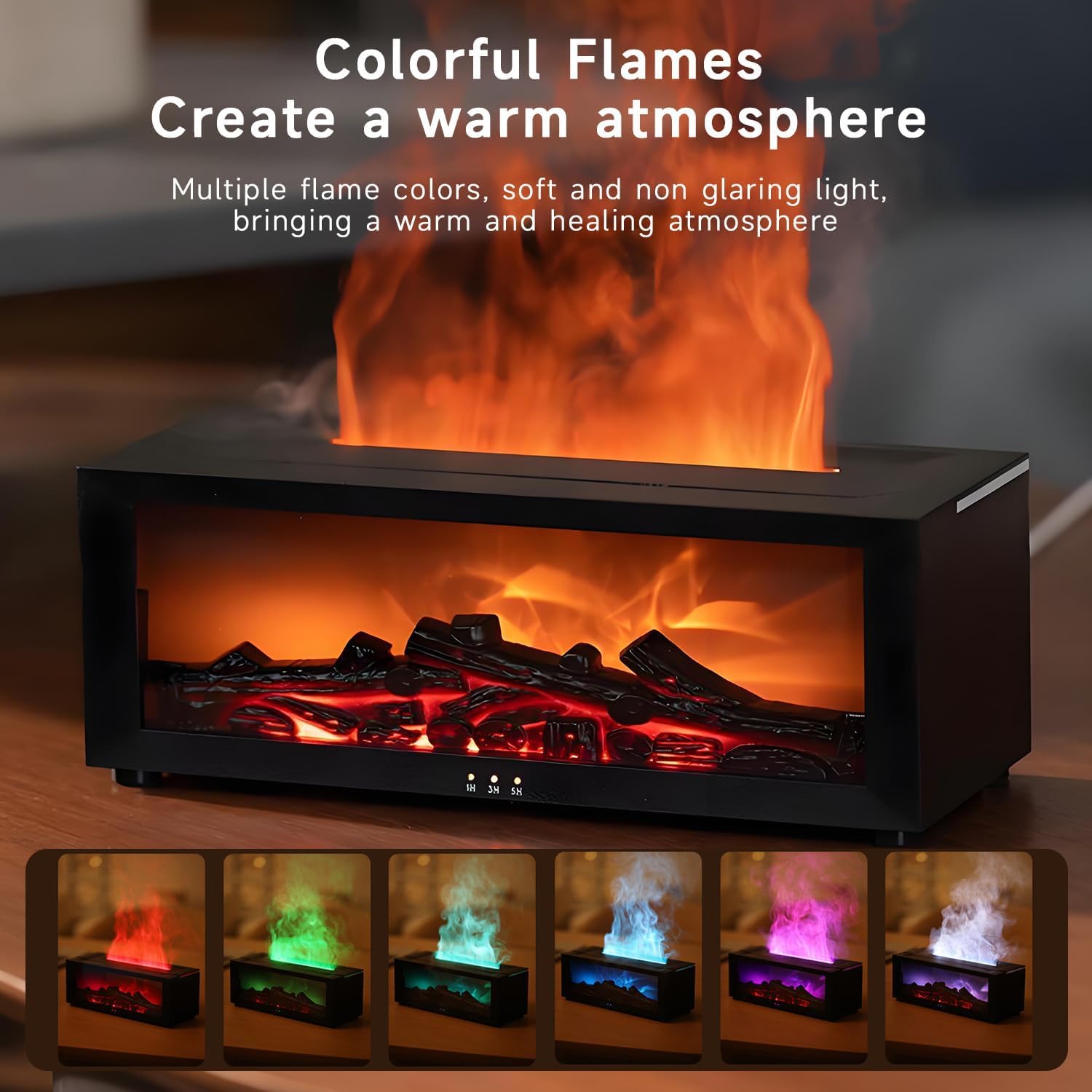 Qumox Diffusore di Aroma a Camino con Fiamma – Umidificatore ad Ultrasuoni 150ml con Luci LED a 7 Colori, Diffusore di Oli Essenziali, Telecomando, Spegnimento Programmato, Protezione Senza Acqua per