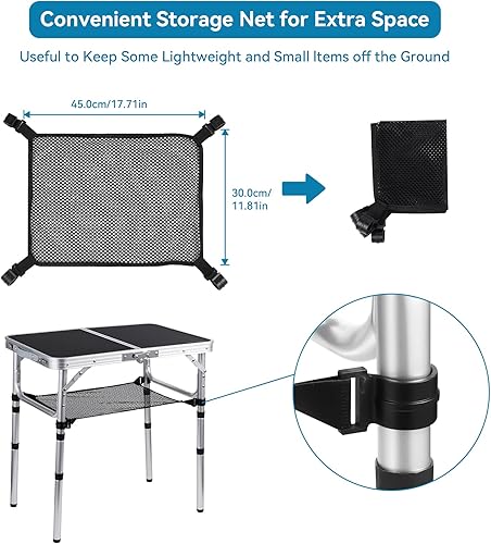 Miniatura 5 de Mesa de camping con mantel portátil pequeña plegable de aluminio de altura ajustable con 2 ganchos, soportes fáciles de llevar, resistente, picnic