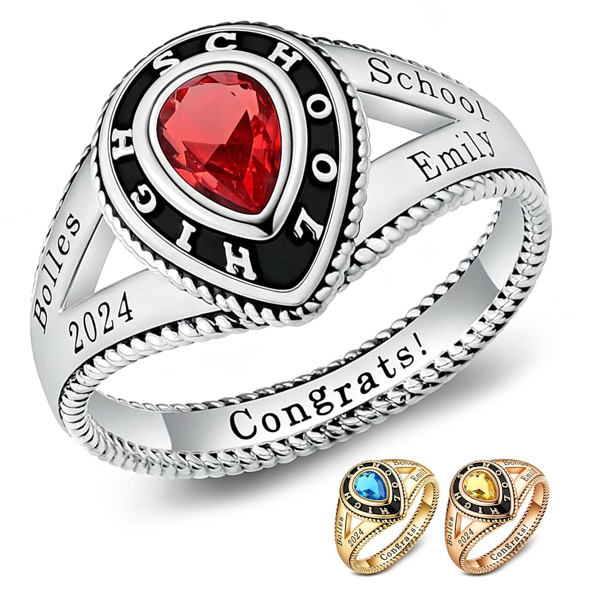 Personalized 10kt White Gold Class Ring with Birthstone Women's Graduation Customized Women's Class Ring High School & College 2026 Water droplet