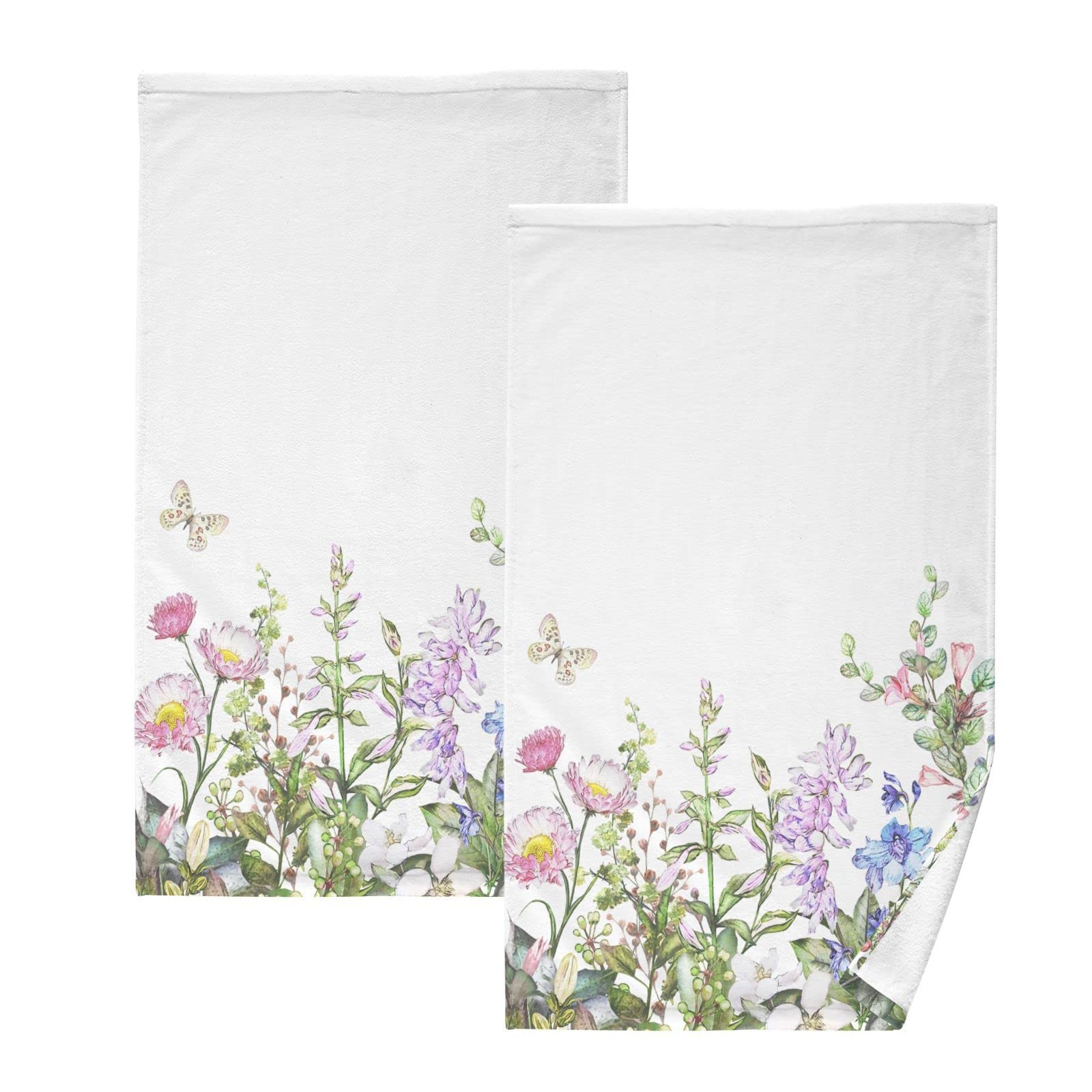 WIHVE Hand Towel Set of 2, Watercolor Summer Herb and Wild Flower Leaf Hand Face Towels for Bathroom Kitchen