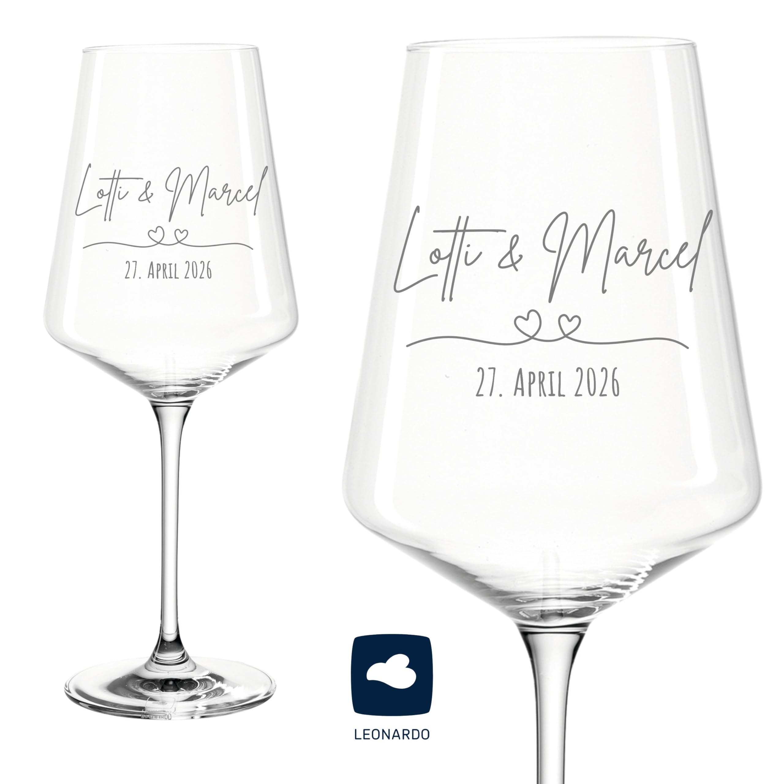 Leonardo Puccini Weingläser mit Gravur 2er Set inkl. Holzkiste, Geschenkband - personalisierte Geschenke Hochzeit, personalisierte Hochzeitsgeschenke mit Namen, graviertes Weinglas für Brautpaar