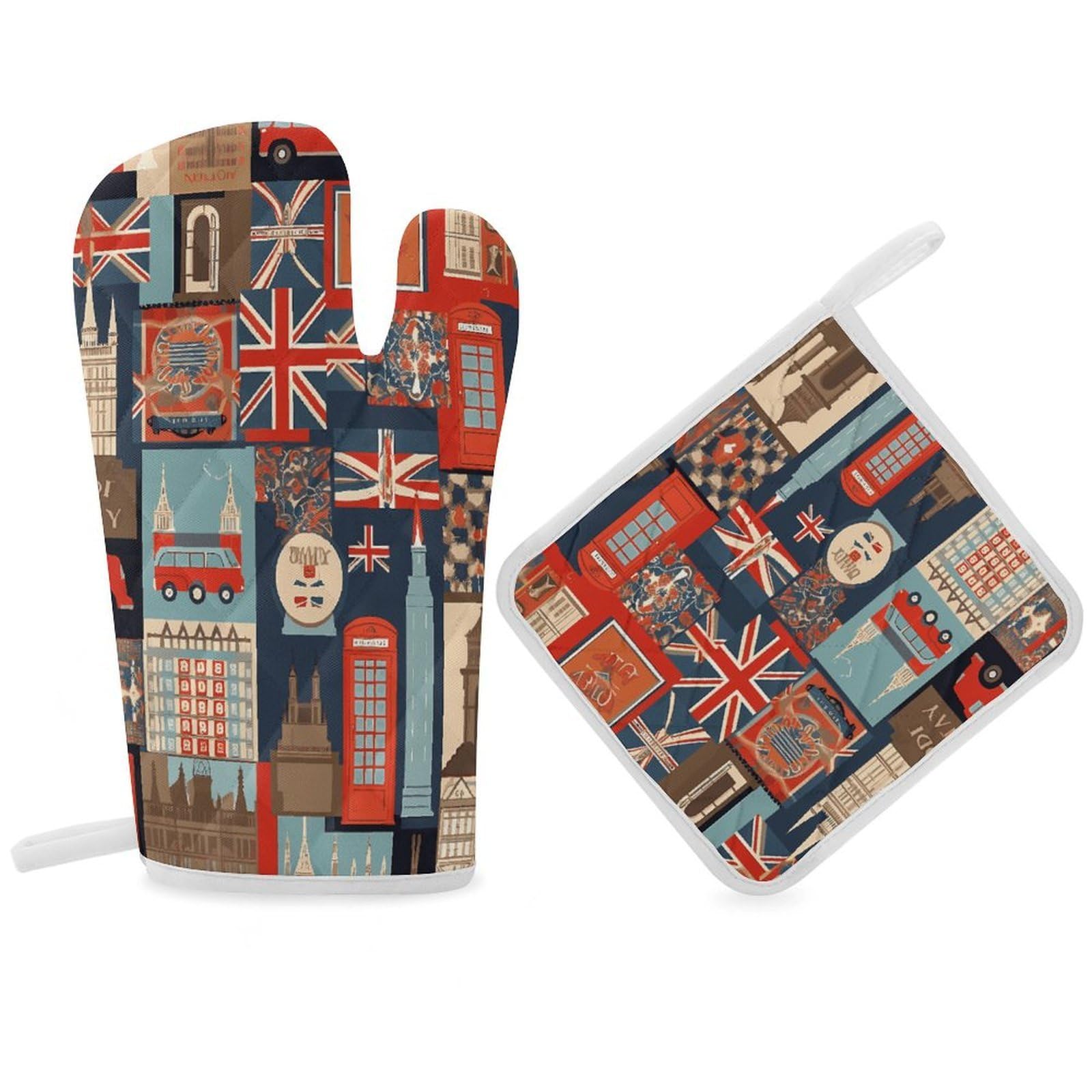 Fodpand Women's Style England Symbols Oven Mitts And Pot Holders Sets,Oven Gloves For Kitchen Oven Mitts And Potholders For Baking Cooking Grilling Apartment Essentials