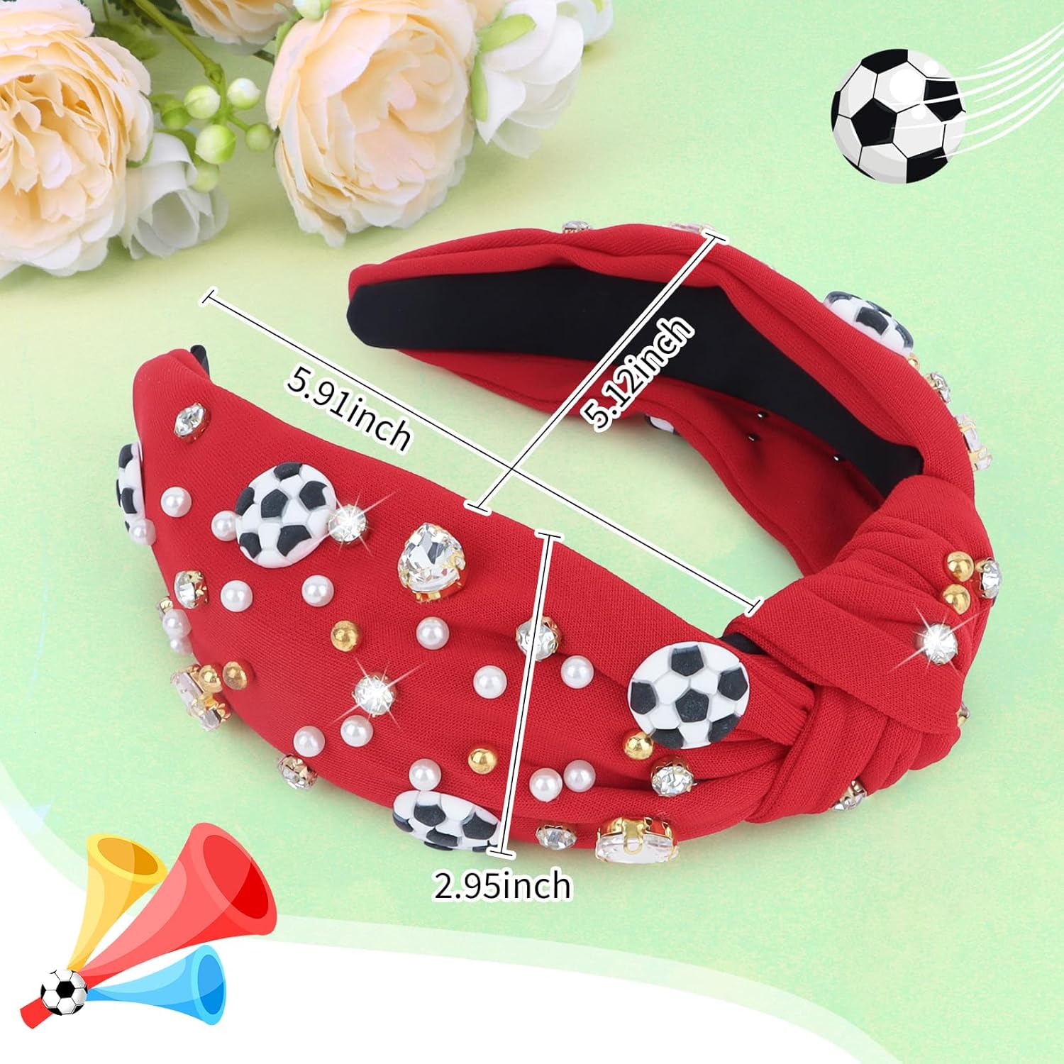 Soccer Headbands for Women Crystal Soccer Embellished Wide Top Knot Headband for Women Game Day Hair Accessories (Red) - Image 6