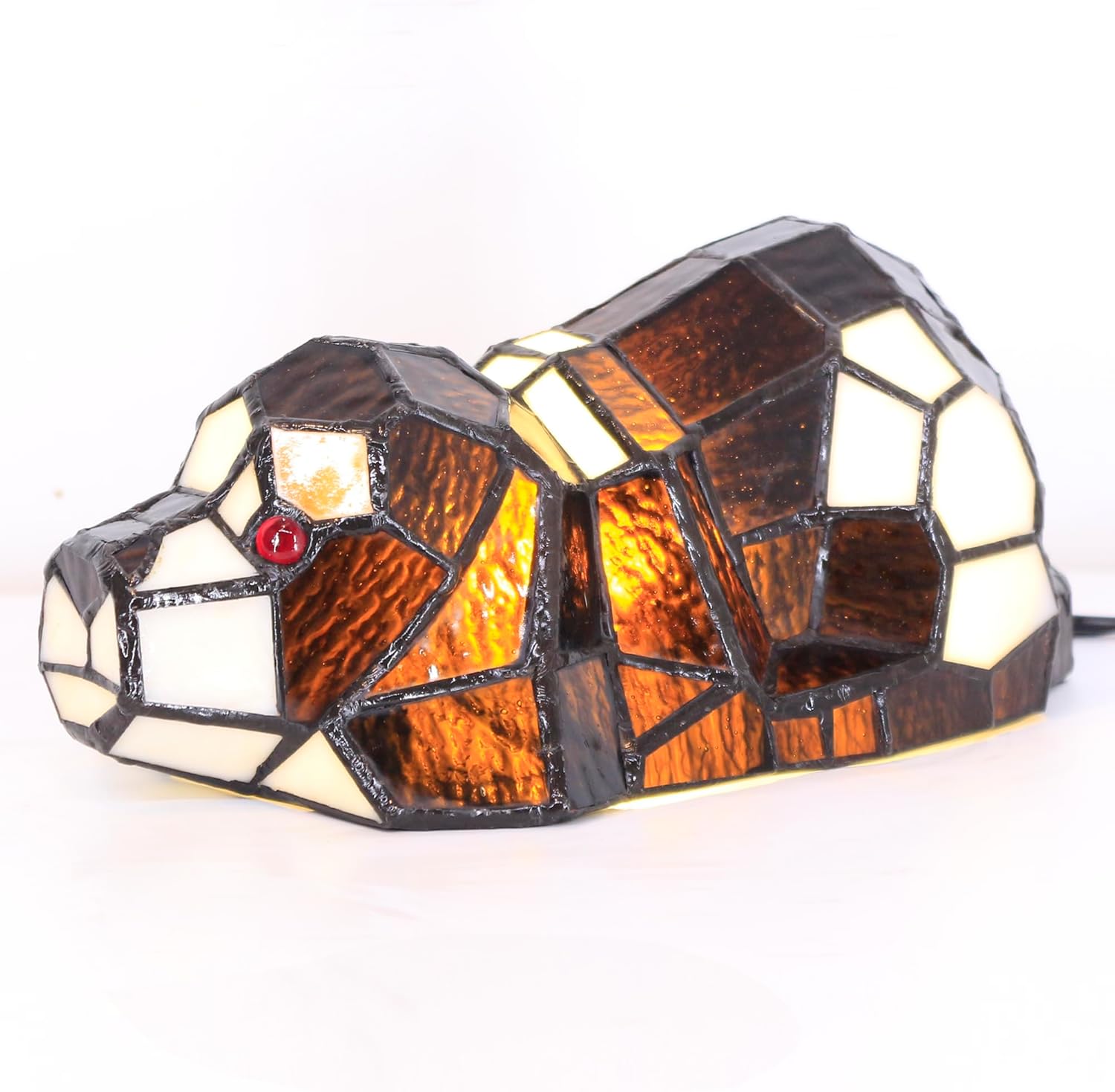 Small Tiffany Lamp Stained Glass Animal Table Lamp Mini Accent Desk Light (Brown White Dog)