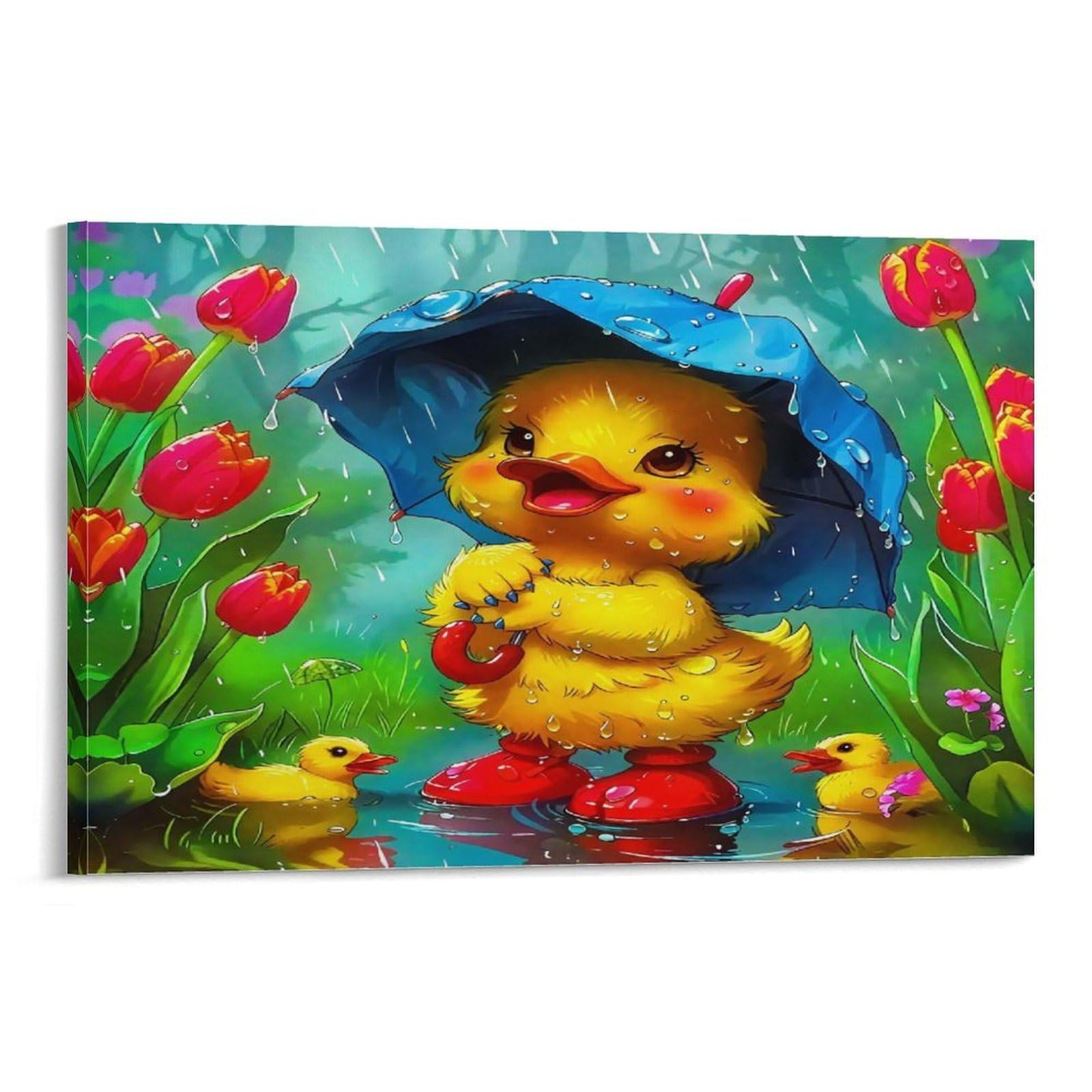 CPLVKWRQJ Cute Duckling Single Piece Duckling Blue Umbrella Tulip Rain Canvas Wall Hanging - Kitchen Removable Wall Art Focal Point Ready to Hang 20x30inch(50x75cm)