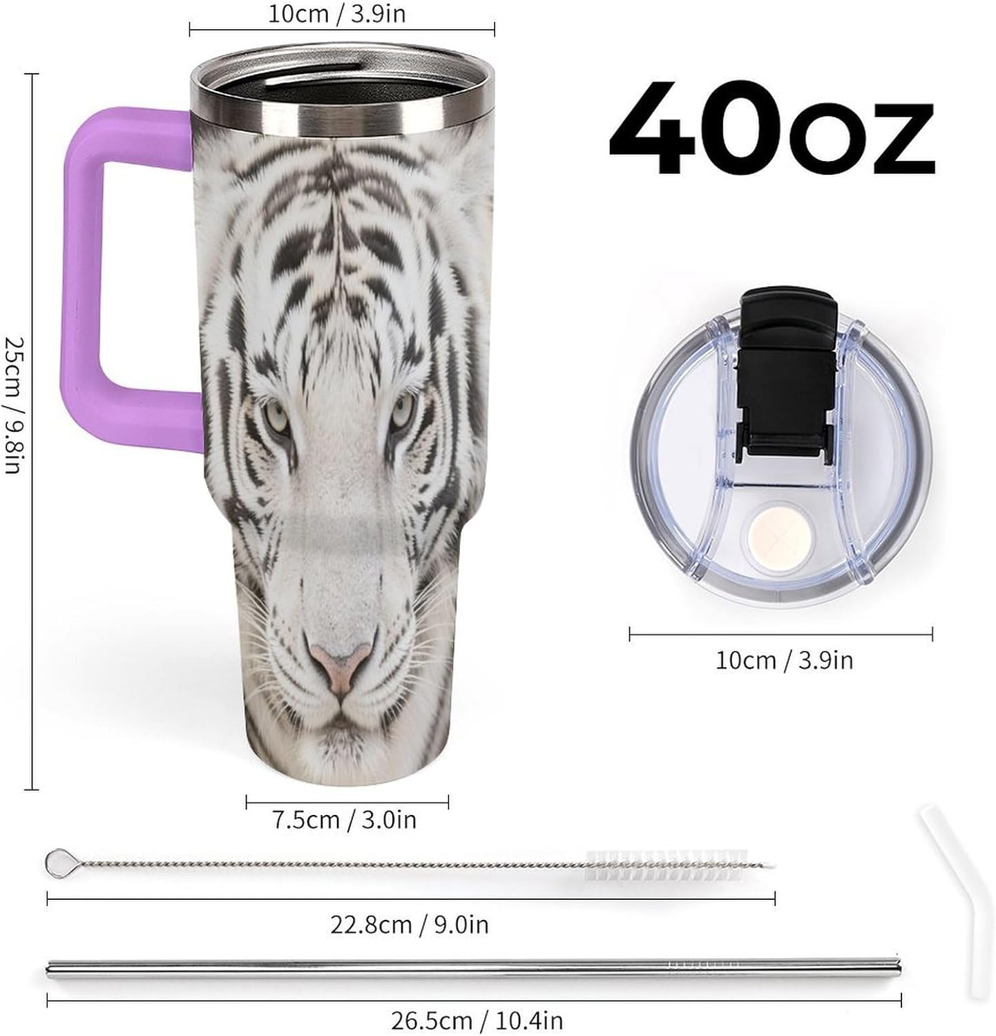 40 Oz Insulated Mug with Handle Lid And Straw White Tiger Pattern Large Metal Sports Bottle Great for Gifts Parties Office Coffee