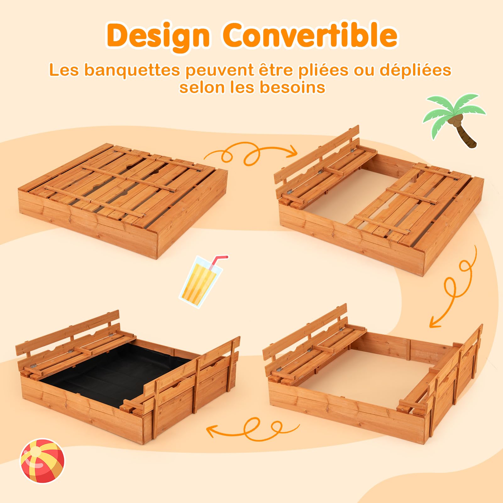 GOPLUS Bac a Sable Enfant Exterieur, Bac a Sable en Bois de Sapin avec Couvercle, 2 Bancs Pliants, et Revêtement de Fond, Charge120KG, pour Jardin Plage Arrière-Cour