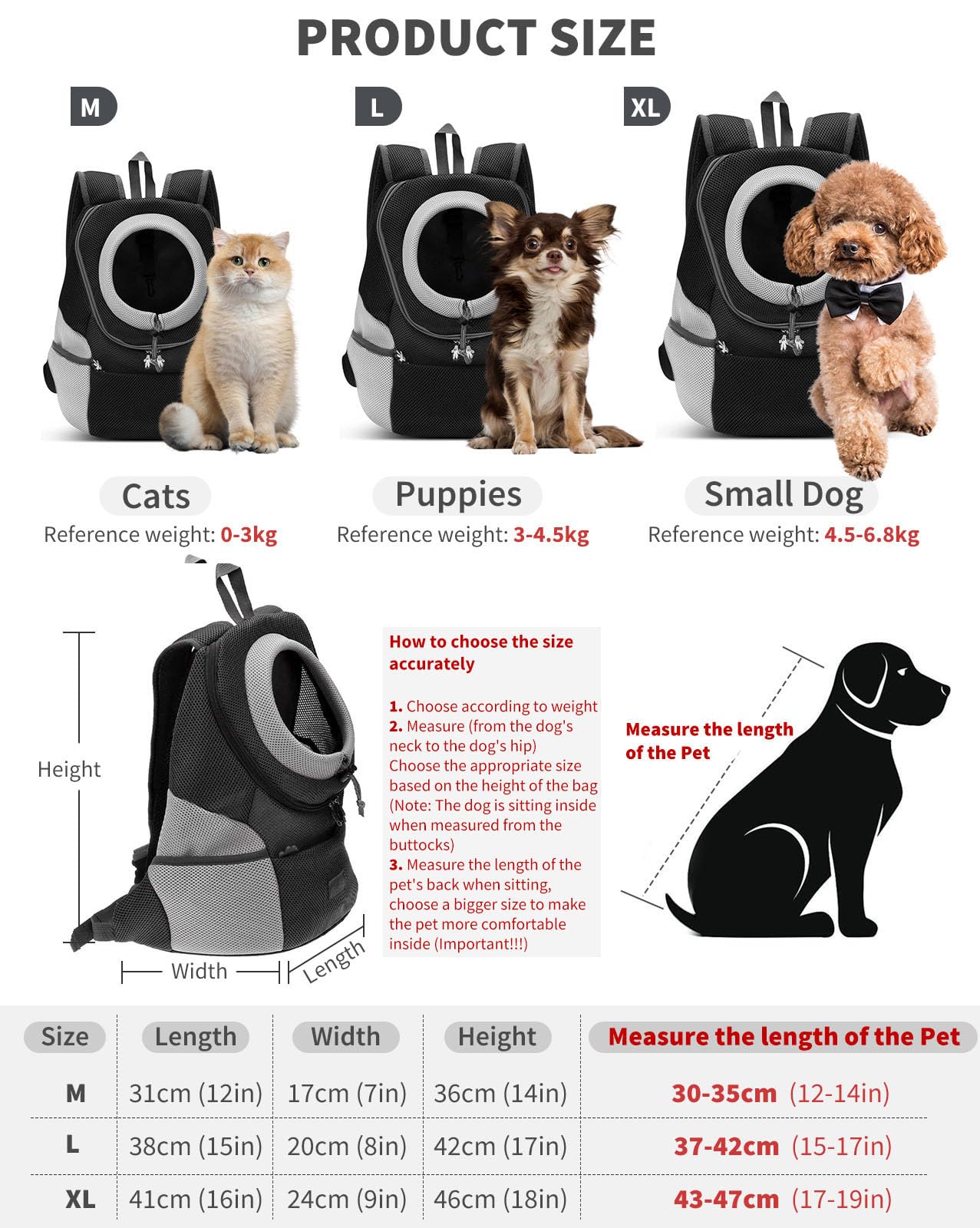 PETCUTE Mochila para Perros Mochila Bolsos para Perros pequeños transportador de Perros portabebés para Perros,Negro,M