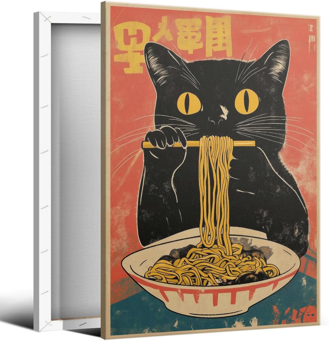 Vintage Japanese Cat Canvas Wall Art, Quirky Black Cat Eating Ramen Poster, Retro Funny Animal Food Art Print, Unique Kitchen Dining Room Wall Decor, Noodle Lover Gift 8x12in Wrapped Canvas