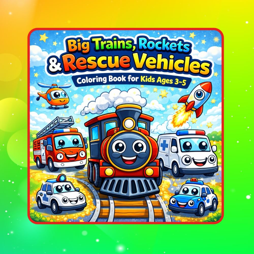 Big Trains, Rockets & Rescue Vehicles Coloring Book for Kids Ages 3–5: Fun and Easy Trains, Space Rockets, Police Cars, Fire Trucks and Emergency Transport Coloring Pages for Toddlers and Preschool