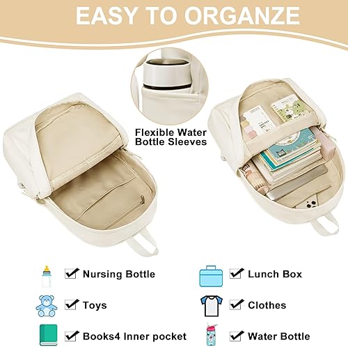 Miniatura 5 de Mochila para niñas, mochilas escolares para escuela primaria, secundaria, mochilas para laptop para mujeres, Beige, Escuela