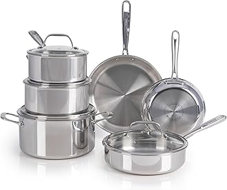 Pro Tri-Ply Stainless Steel Cookware Set 10 Piece, Induction Compatible Oven Safe 500F, Lids 350F, Fast & Even Heat, Professional Quality & Durability, Pots and Pans Set, Dishwasher Safe, Silver