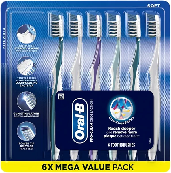 Oral-B Pro Health CrossAction Plaque Removal toothbrushes, 6 Count Toothbrush Soft, Deep Reach in Tight Spaces, Tongue Scraper Tooth Brush, Plaque Fighter, Gentle on Teeth, Gum stimulators