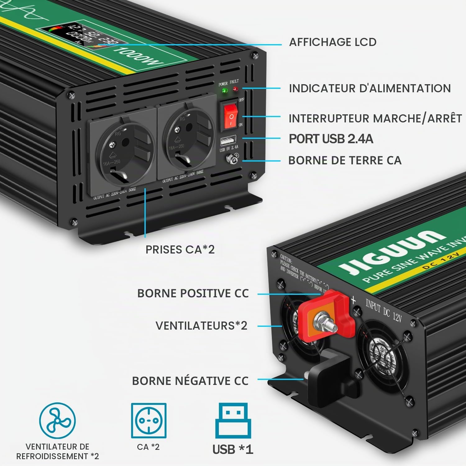 JIGUUN 1000W Convertisseur 12V 220V Pur Sinus Onduleur transformateur Puissance crête 2000W avec Télécommande sans Fil Écran LCD 2 Prises EU 1 Port USB pour Voiture Camping Voyage Urgence