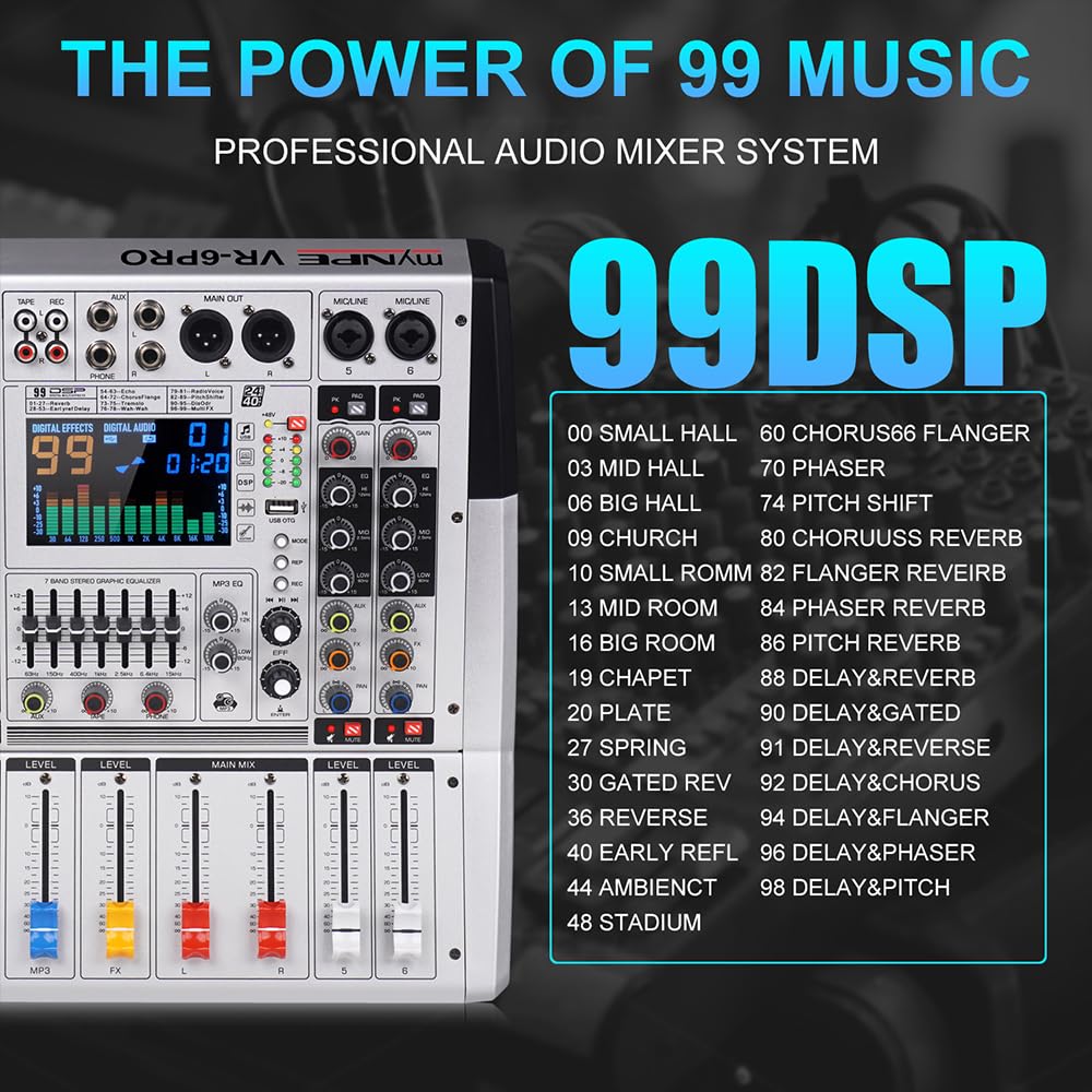 VR-6 PRO Mixer Audio - Amplificatore ad Alta Potenza da 550W x 2, 99 Effetti DSP, Console DJ Audio Bluetooth, Display a Grande Schermo Spettro, Tuner DJ con Riduzione Intelligente del Rumore